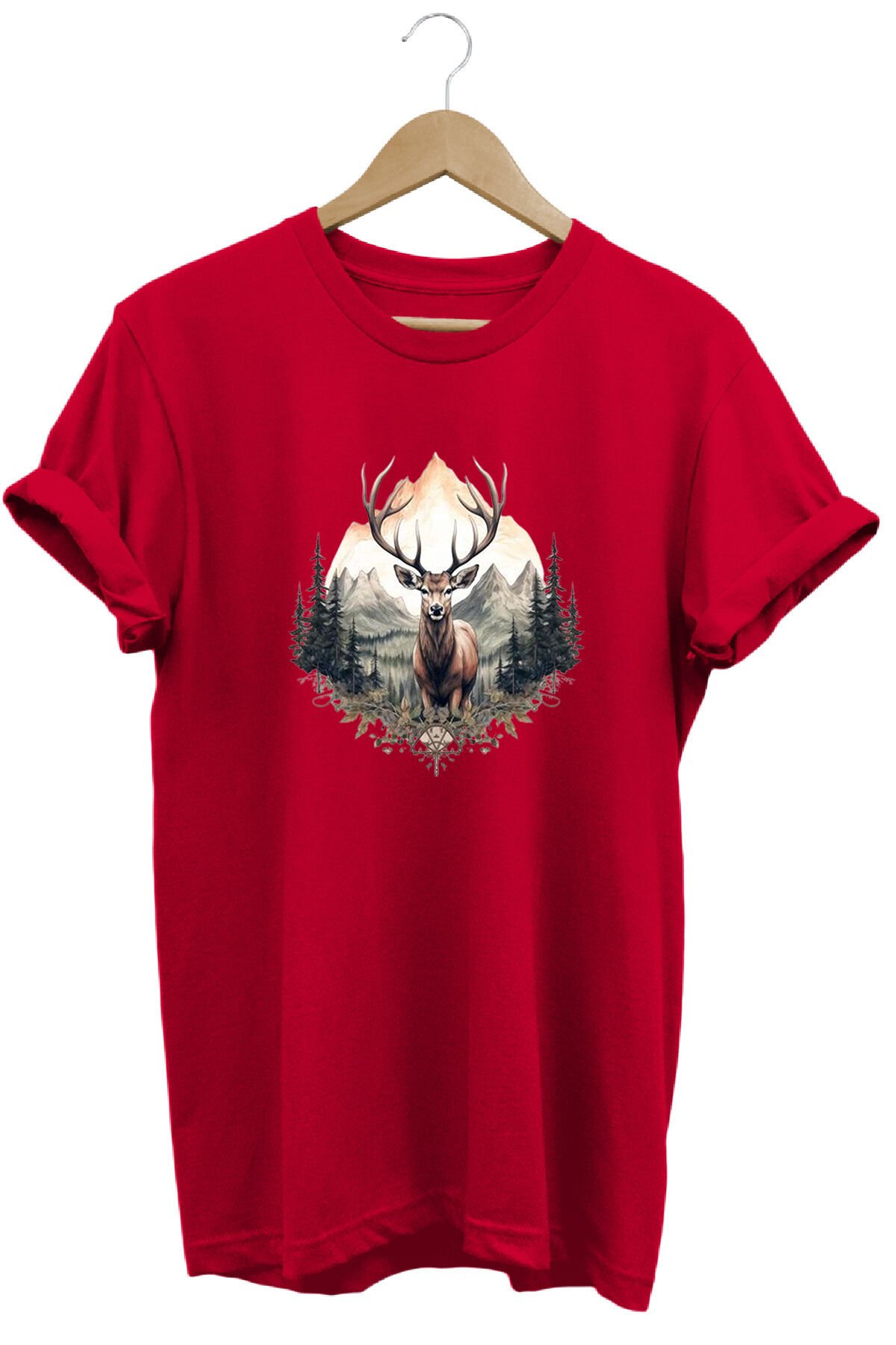 Unisex Geyik ve Dağ Manzaralı Baskılı Bisiklet Yaka Tişört T-shirt Kırmızı - 2XL