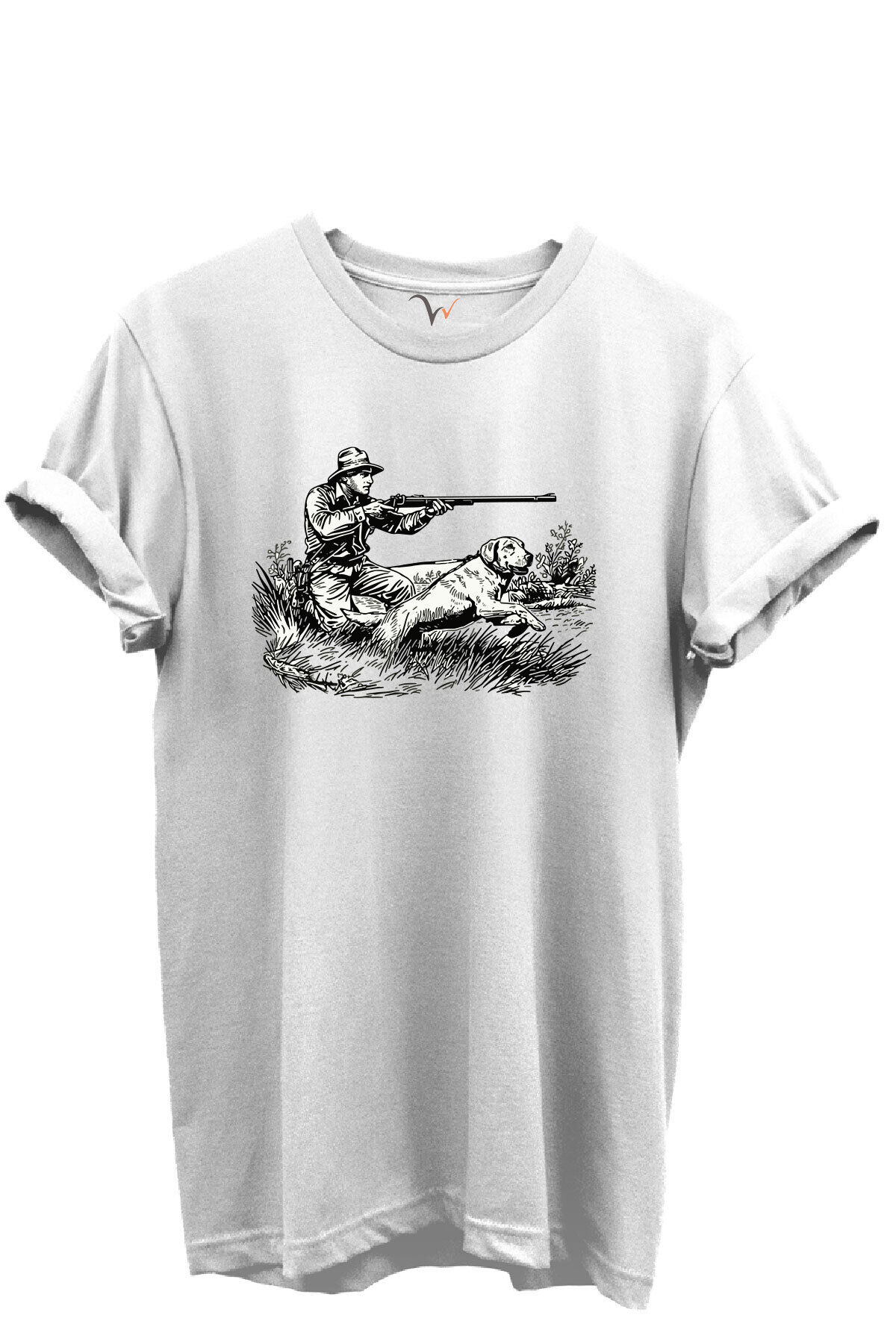 Outdoor Avcılık Avcı ve Köpek Desenli %100 Pamuk Regular Fit Bisiklet Yaka Unisex T-shirt Beyaz - XL