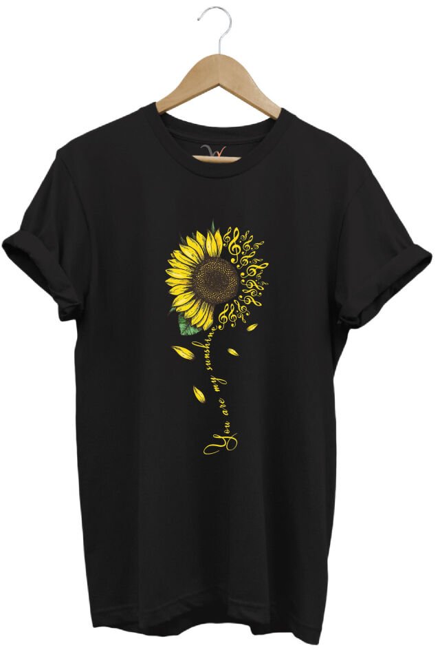 Sarı Ayçiçek Desenli You Are Sunshine Yazı Baskılı %100 Pamuk Regular Fit Unisex T-Shirt Siyah - 3XL
