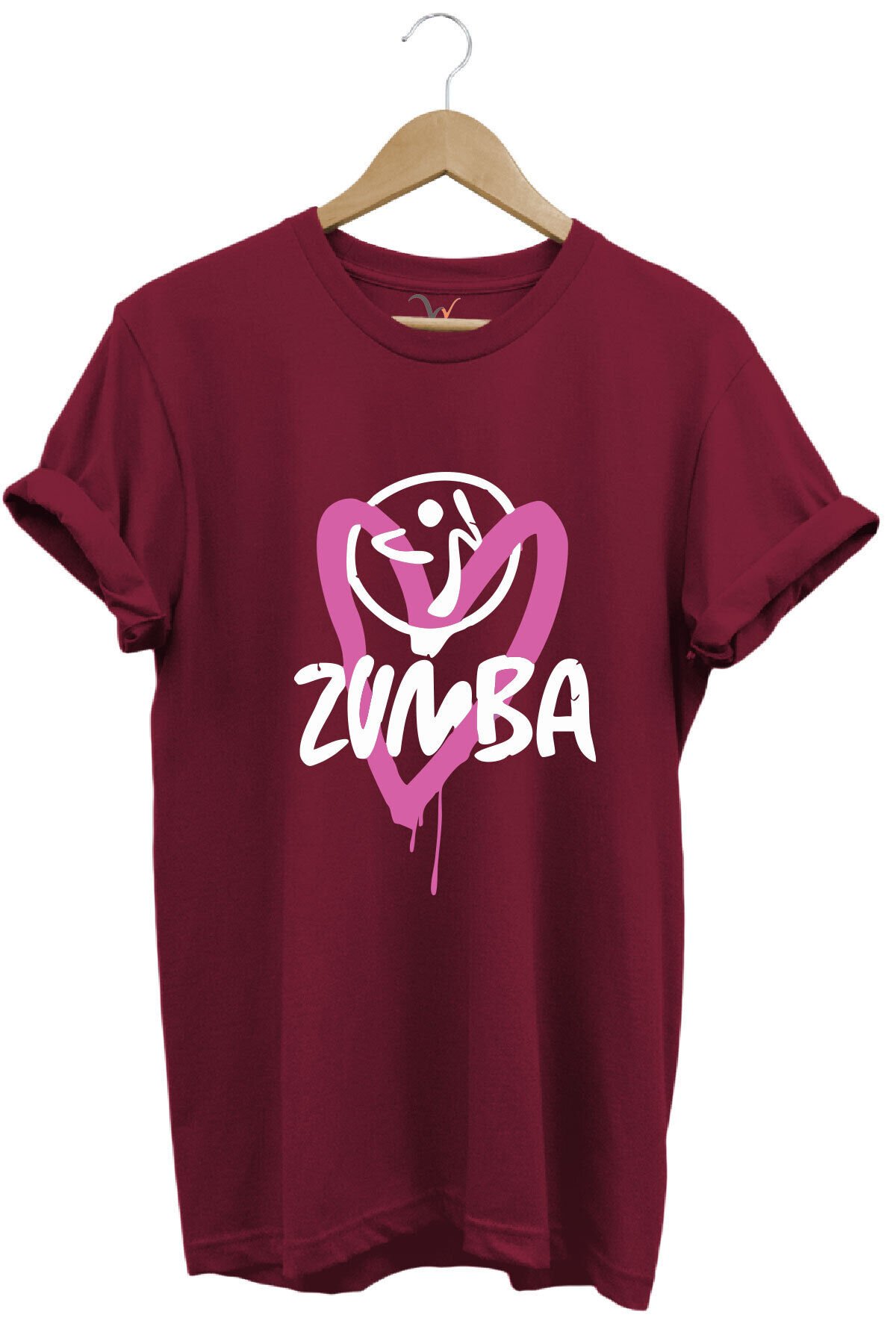 Zumba Fitness Kalp Baskılı %100 Pamuk Regular Fit Bisiklet Yaka T-shirt Bordo - 3XL