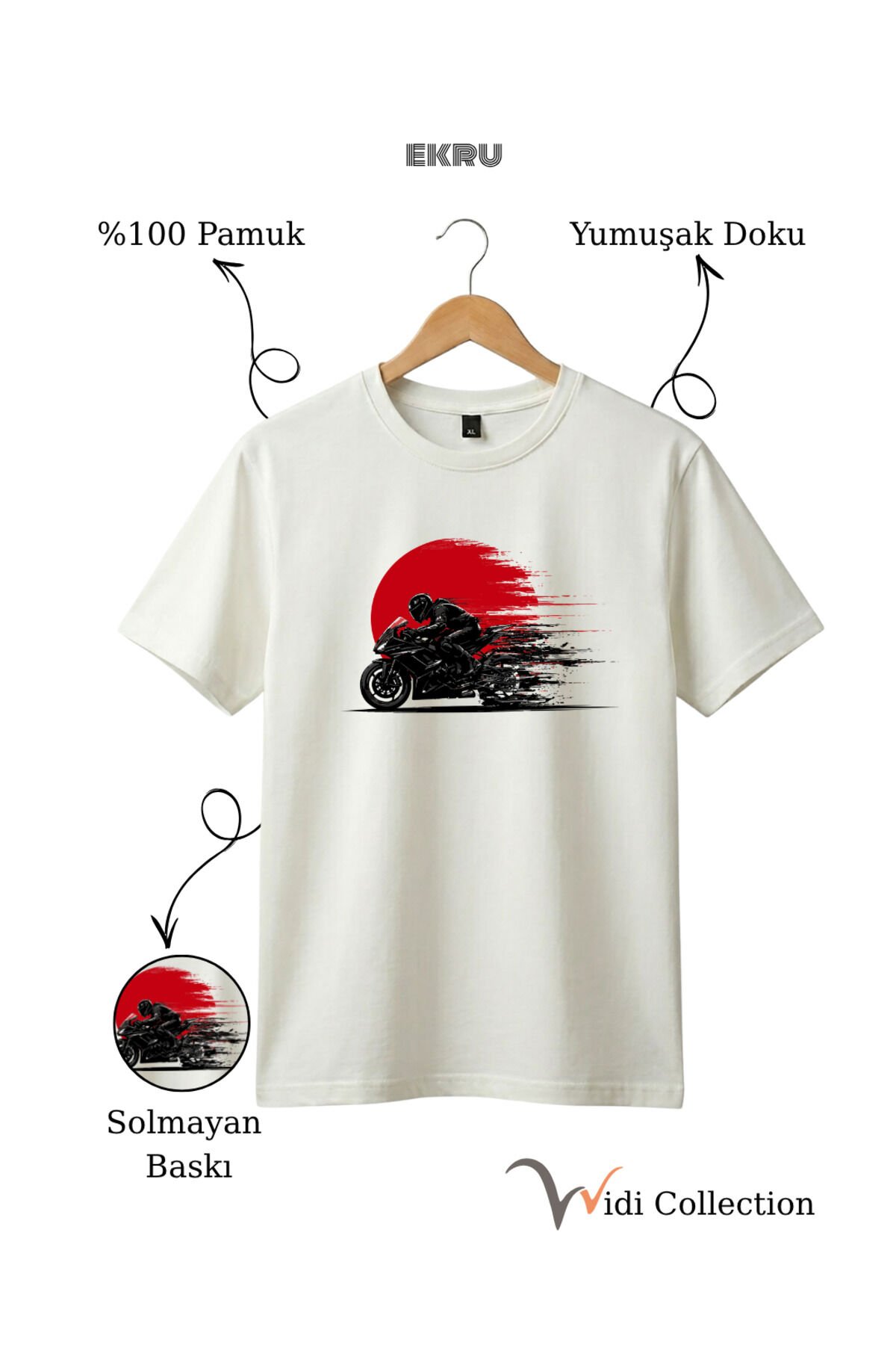 Hız Temalı Racing Motor Baskılı %100 Pamuk Unisex Regular Fit T-Shirt Ekru - XL