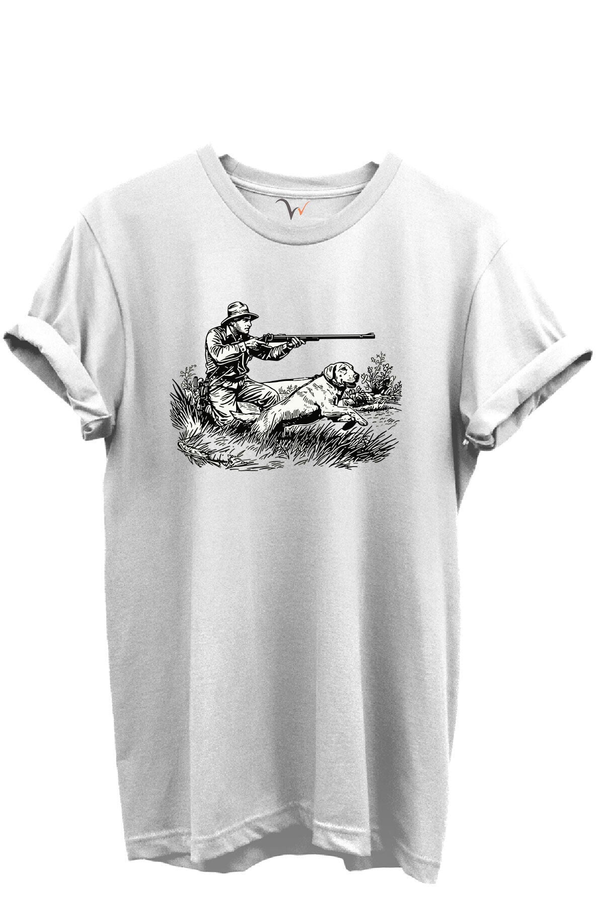 Outdoor Avcılık Avcı ve Köpek Desenli %100 Pamuk Regular Fit Bisiklet Yaka Unisex T-shirt Beyaz - 2XL