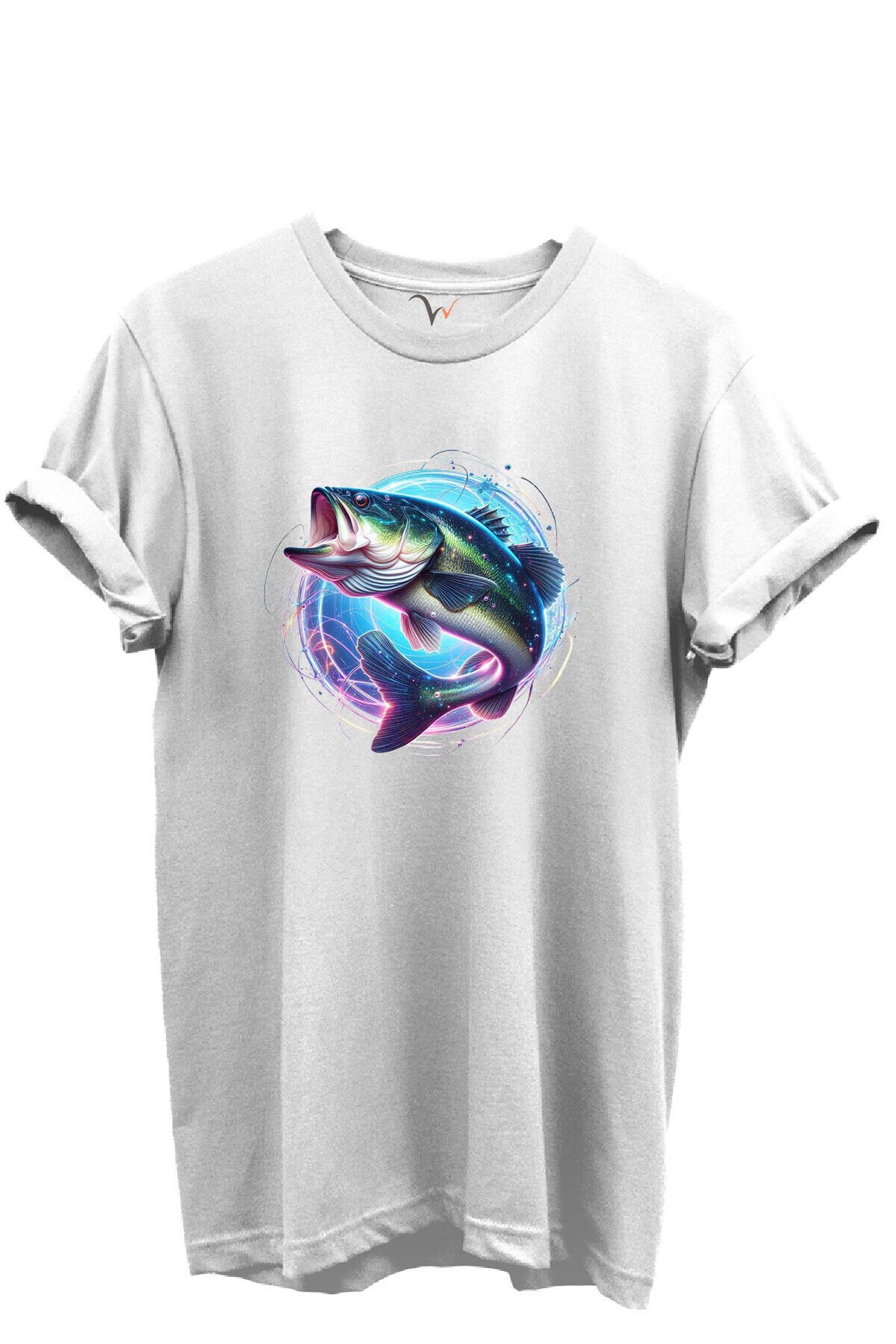 Renkli Neon Balık Desenli %100 Pamuk Regular Fit Unisex T-Shirt Beyaz - M