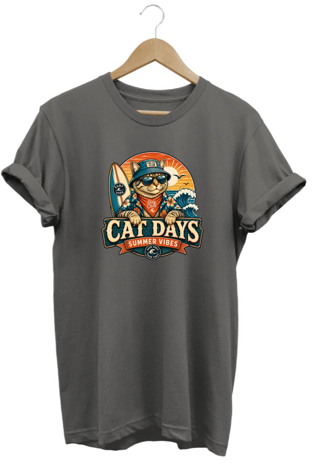 Cat Days Summer Vibes Unisex Kedi Baskılı Yaz Temalı Regular Bisiklet Yaka Pamuklu T-Shirt