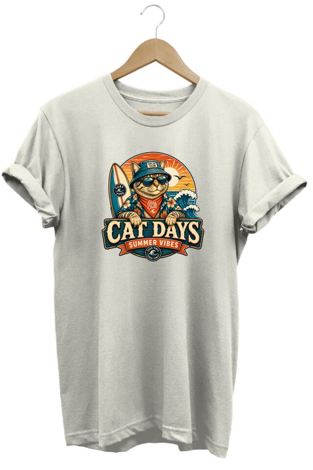Cat Days Summer Vibes Unisex Kedi Baskılı Yaz Temalı Regular Bisiklet Yaka Pamuklu T-Shirt