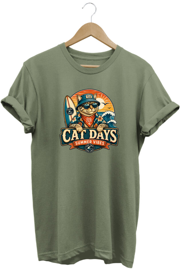 Cat Days Summer Vibes Unisex Kedi Baskılı Yaz Temalı Regular Bisiklet Yaka Pamuklu T-Shirt