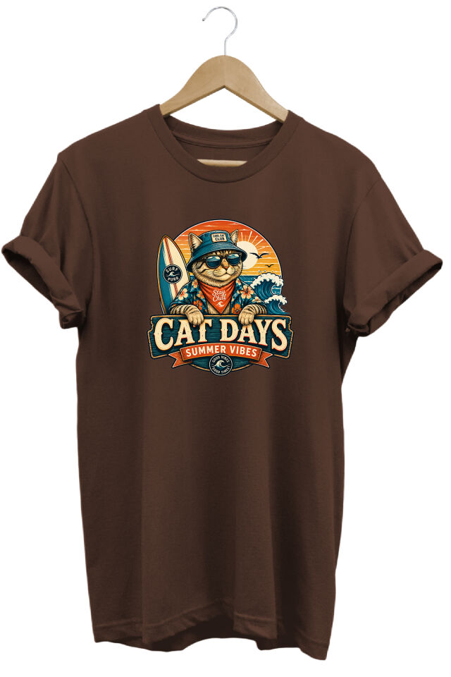 Cat Days Summer Vibes Unisex Kedi Baskılı Yaz Temalı Regular Bisiklet Yaka Pamuklu T-Shirt