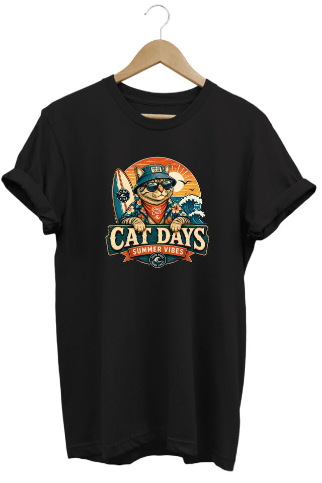Cat Days Summer Vibes Unisex Kedi Baskılı Yaz Temalı Regular Bisiklet Yaka Pamuklu T-Shirt