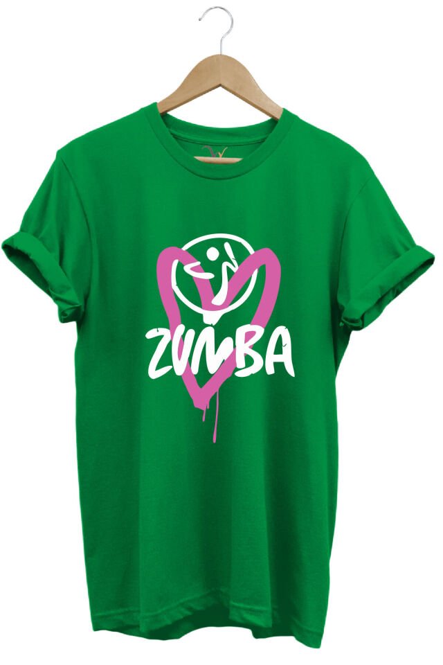 Zumba Fitness Kalp Baskılı %100 Pamuk Regular Fit Bisiklet Yaka T-shirt Yeşil - 2XL