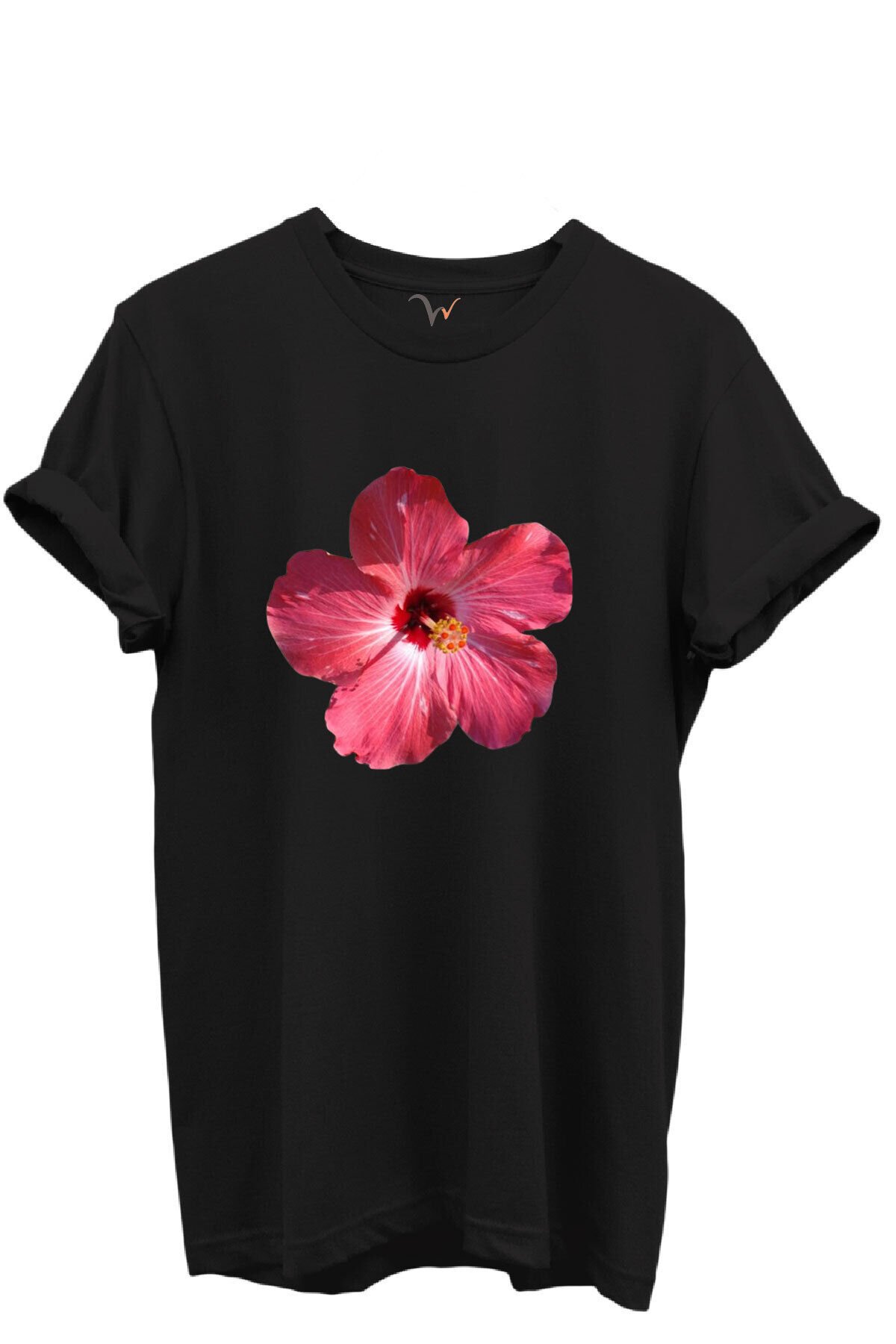 Pembe Tropik Hibiskus Çiçekli Kadın %100 Pamuk Regular Fit Bisiklet Yaka T-Shirt Siyah - 2XL