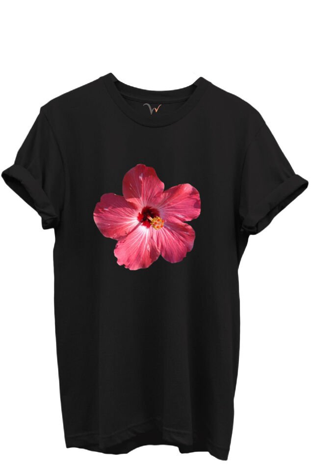 Pembe Tropik Hibiskus Çiçekli Kadın %100 Pamuk Regular Fit Bisiklet Yaka T-Shirt Siyah - 2XL