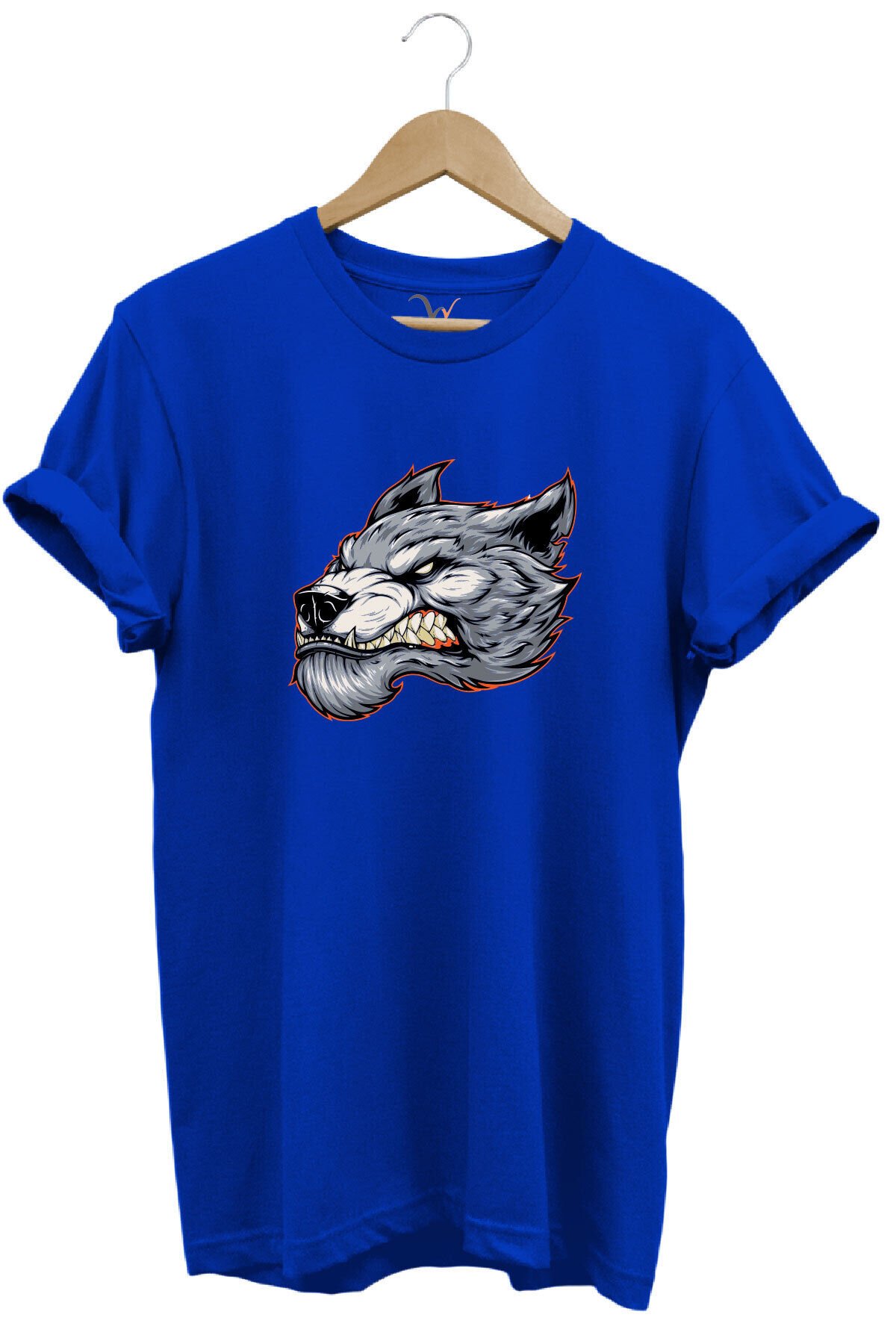 Kızgın Agresif Kurt Tasarım Baskılı %100 Pamuk Regular Fit Bisiklet Yaka Premium Gri T-shirt Mavi - 2XL
