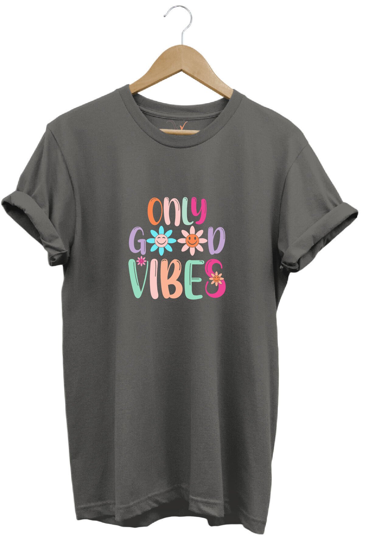 Only Good Vibes Baskılı Papatya Desenli Renkli %100 Pamuk Regular Fit Bisiklet Yaka Mavi T-shirt Gri - M