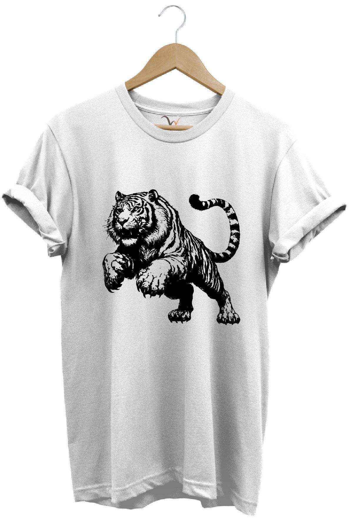 Kaplan Baskılı Cool Premium %100 Pamuk Regular Fit Turuncu T-shirt Beyaz - XL