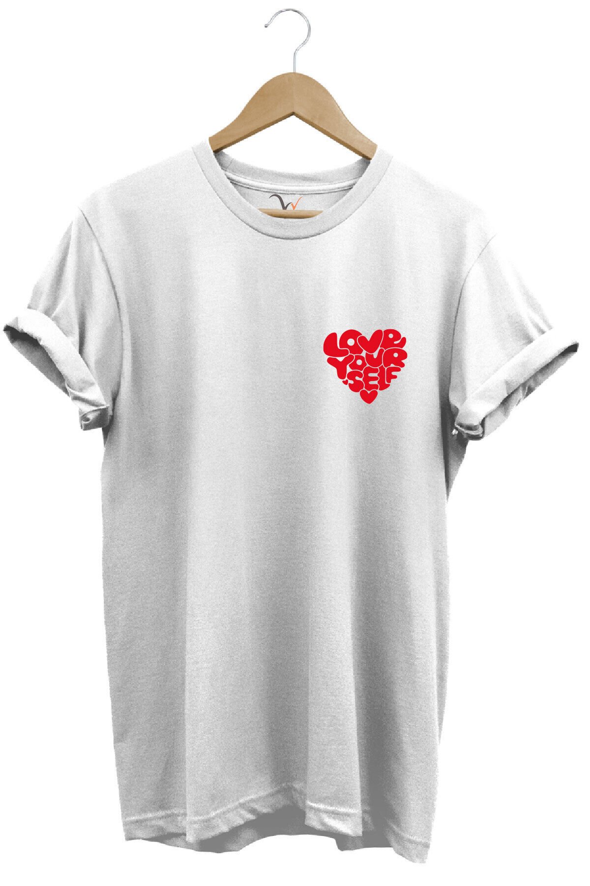 Love Yourself Kalp Tipografi Baskılı %100 Pamuk Unisex Regular Fit T-Shirt Beyaz - S