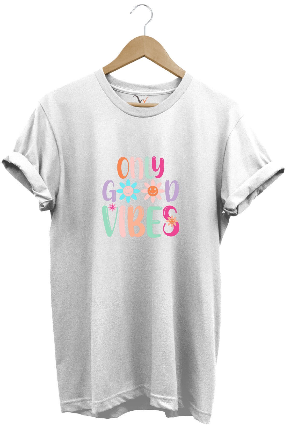 Only Good Vibes Baskılı Papatya Desenli Renkli %100 Pamuk Regular Fit Bisiklet Yaka Mavi T-shirt Beyaz - L