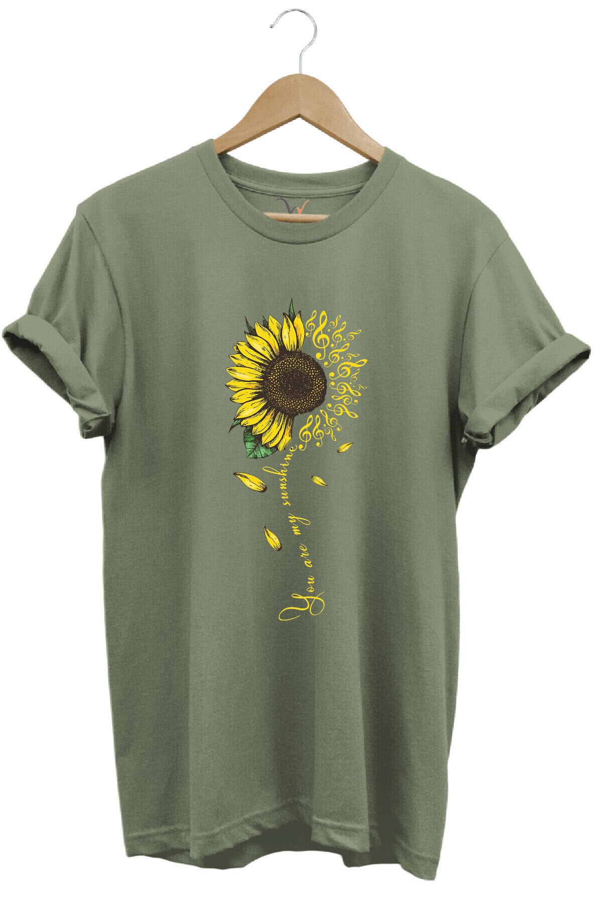 Sarı Ayçiçek Desenli You Are Sunshine Yazı Baskılı %100 Pamuk Regular Fit Unisex T-Shirt Haki - XL