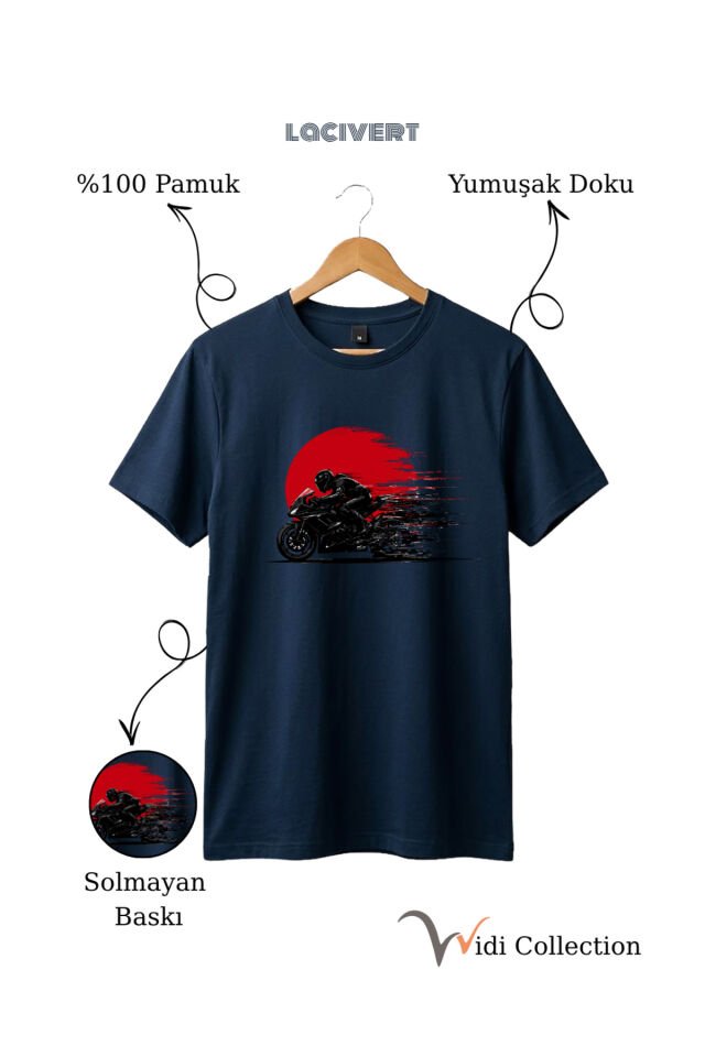 Hız Temalı Racing Motor Baskılı %100 Pamuk Unisex Regular Fit T-Shirt Lacivert - L