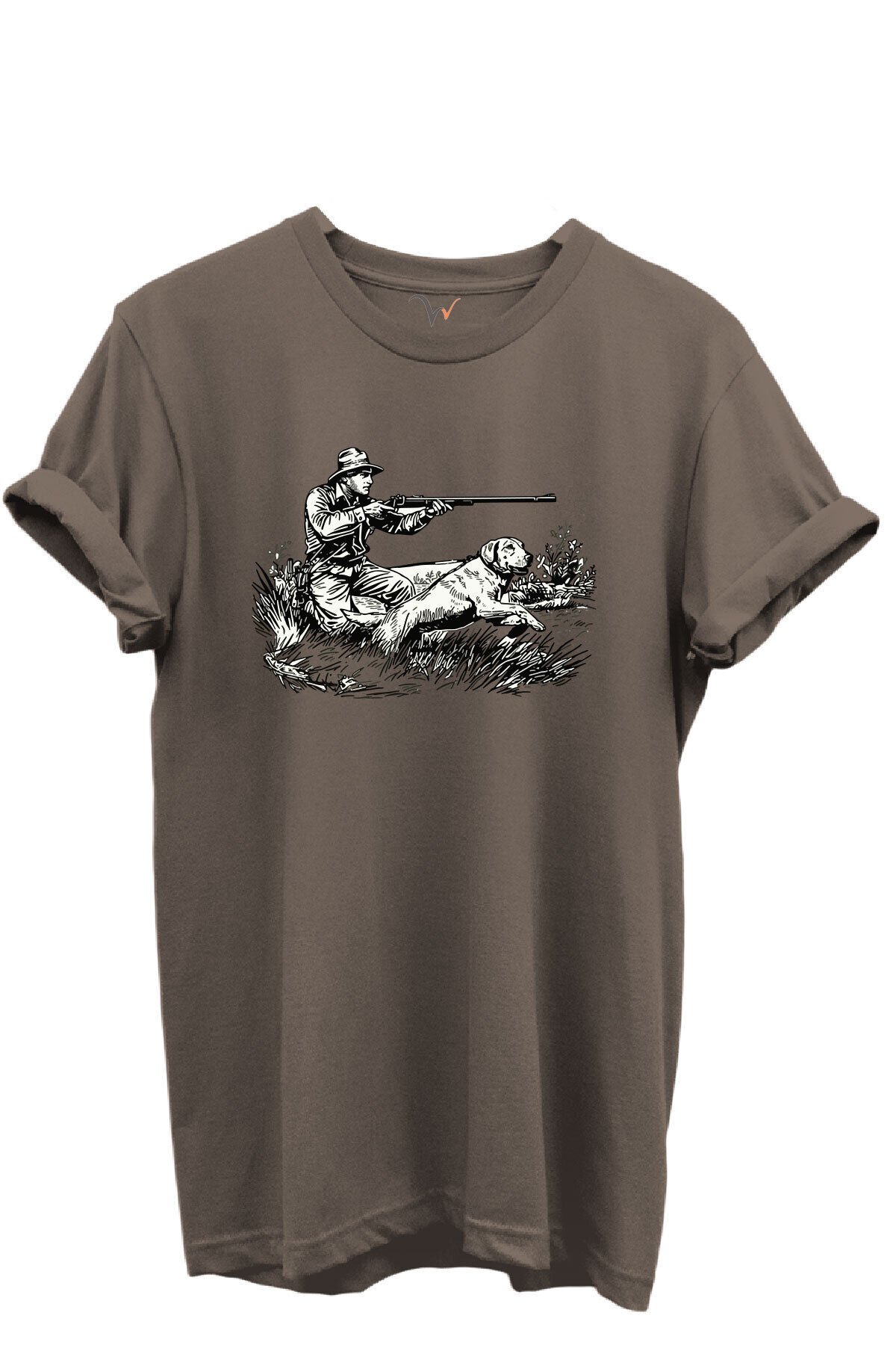 Outdoor Avcılık Avcı ve Köpek Desenli %100 Pamuk Regular Fit Bisiklet Yaka Unisex T-shirt Kahverengi - 2XL