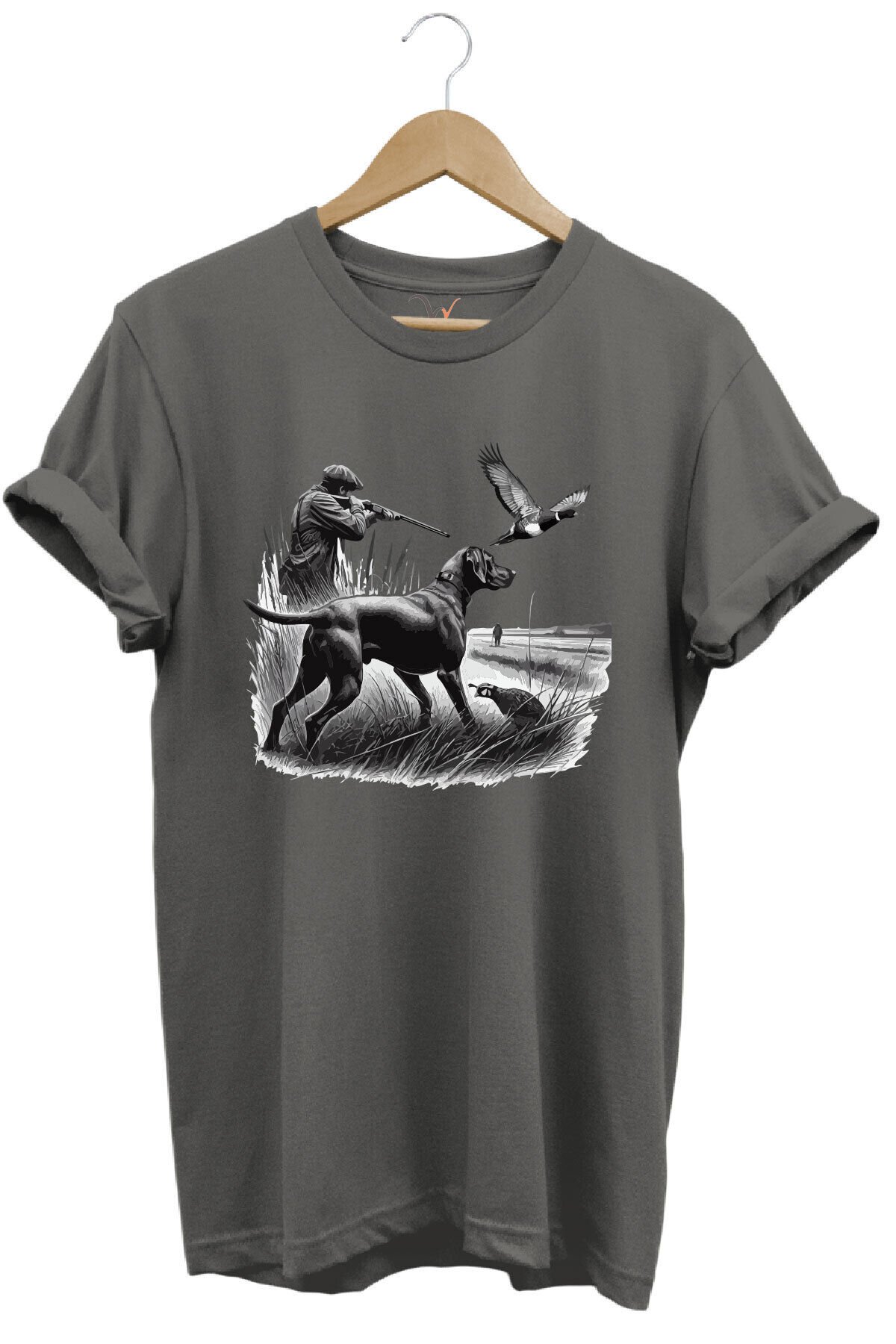Avcılık Temalı Kuş Avı Ve Av Köpeği Baskılı %100 Pamuk Regular Fit Beyaz T-shirt Antrasit - 2XL