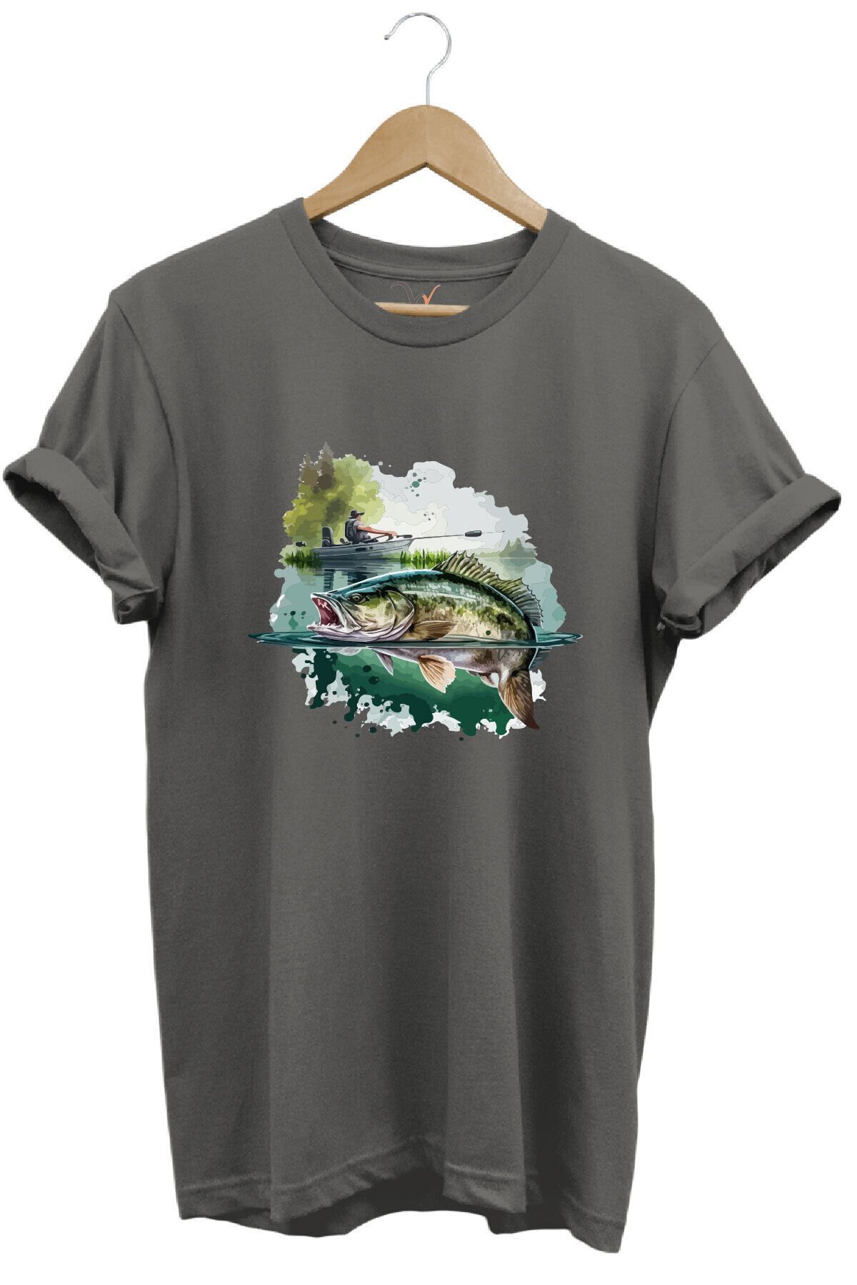 Balıkçılık Levrek Balığı Ve Teknede Olta Ile Balık Tutmak %100 Pamuk Regular Fit Siyah T-shirt Gri - 3XL