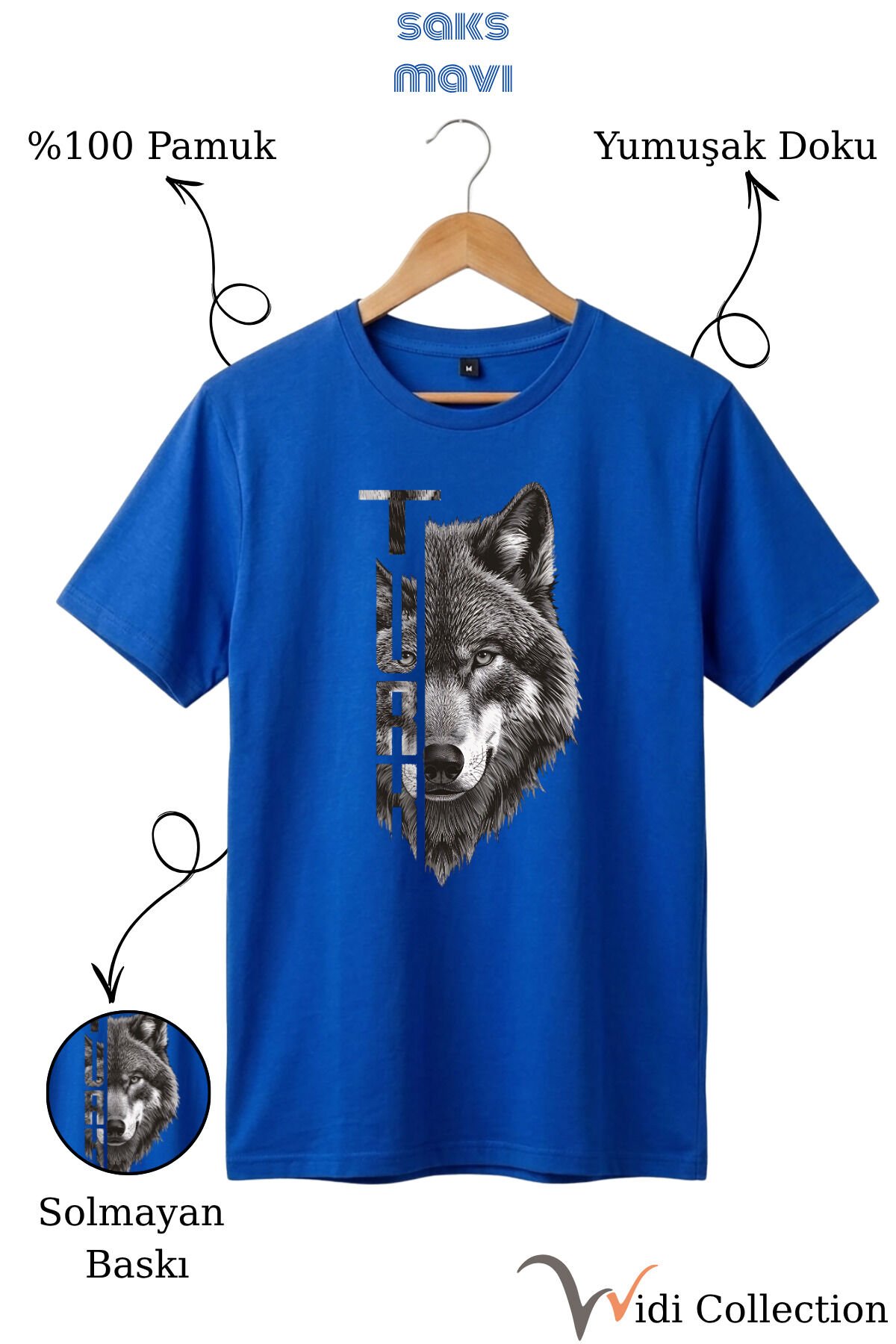 Yarı Kurt Yarısı TÜRK Yazı Tasarım Baskılı %100 Pamuk T-shirt Saks Mavi - L