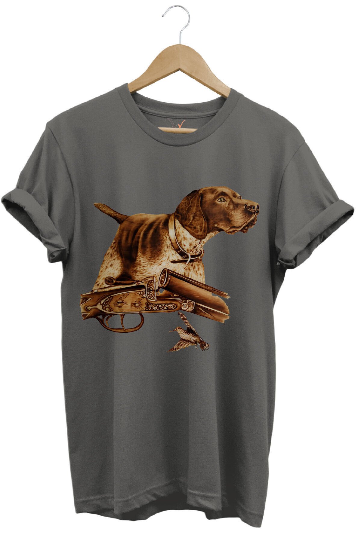 Hunter Avcılık Temalı Fişek Labrador Retriever Setter Pointer Baskılı %100 Pamuk Regular Fit T-Shirt Antrasit - M