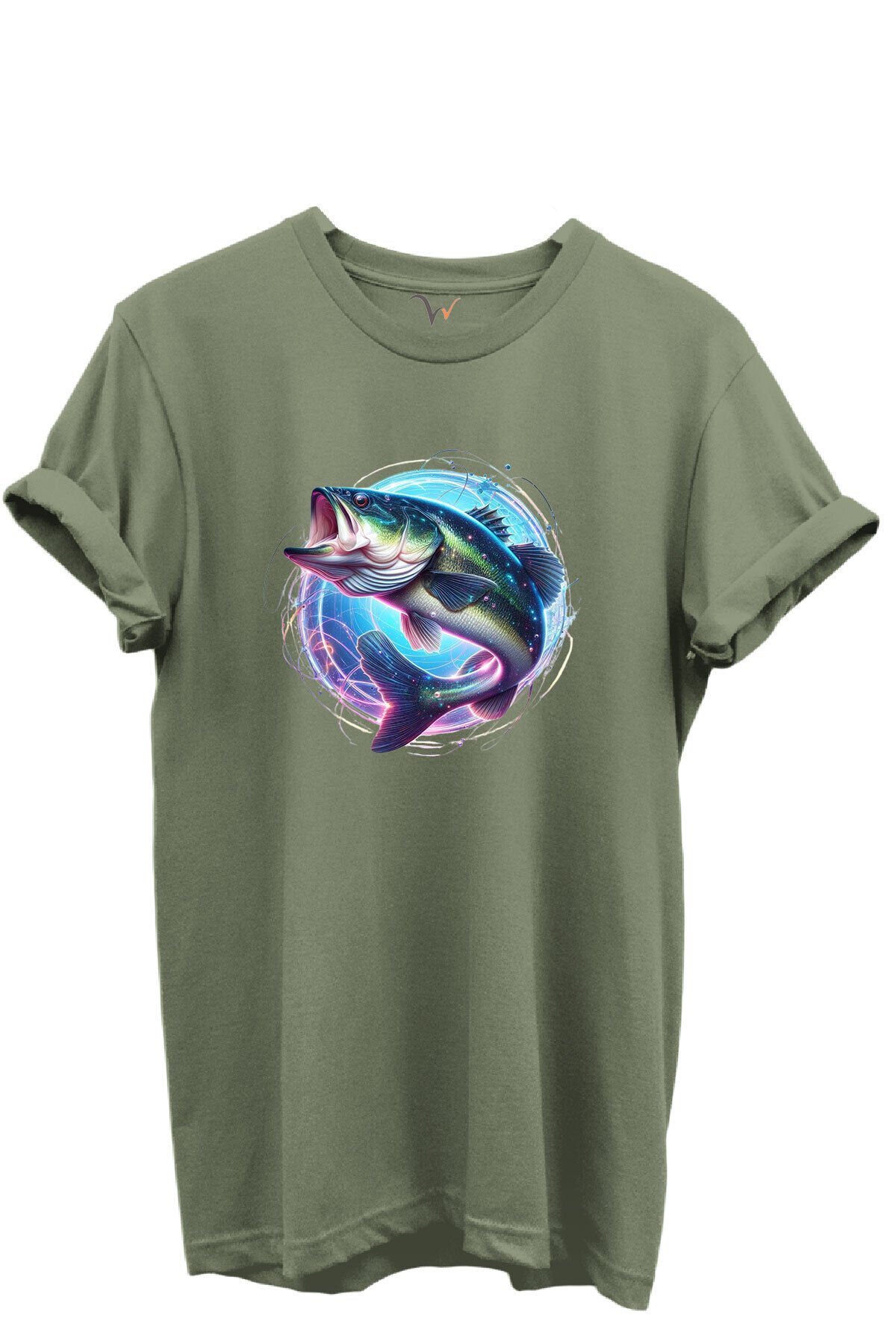Renkli Neon Balık Desenli %100 Pamuk Regular Fit Unisex T-Shirt Haki - M