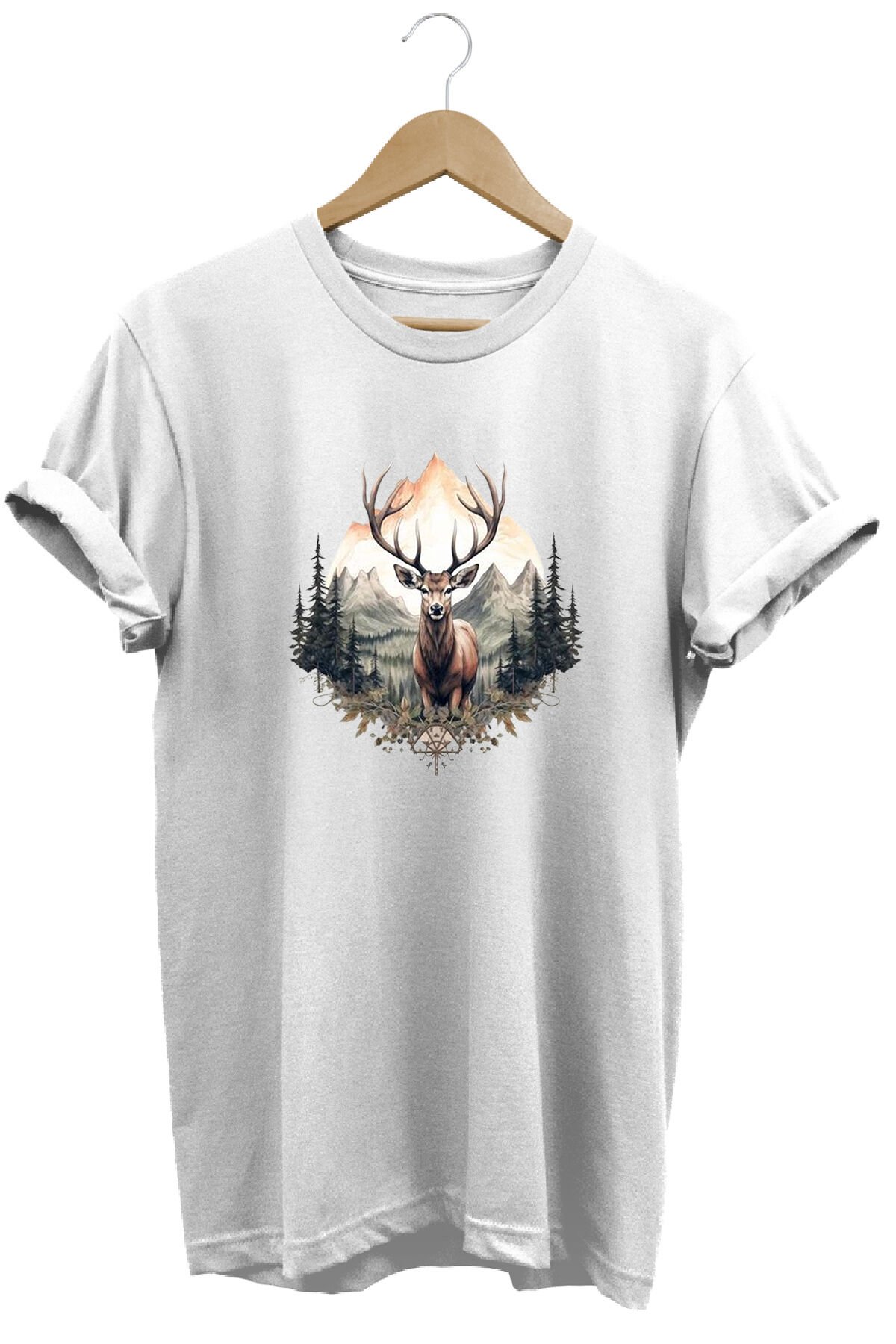 Unisex Geyik ve Dağ Manzaralı Baskılı Bisiklet Yaka Tişört T-shirt Beyaz - 2XL