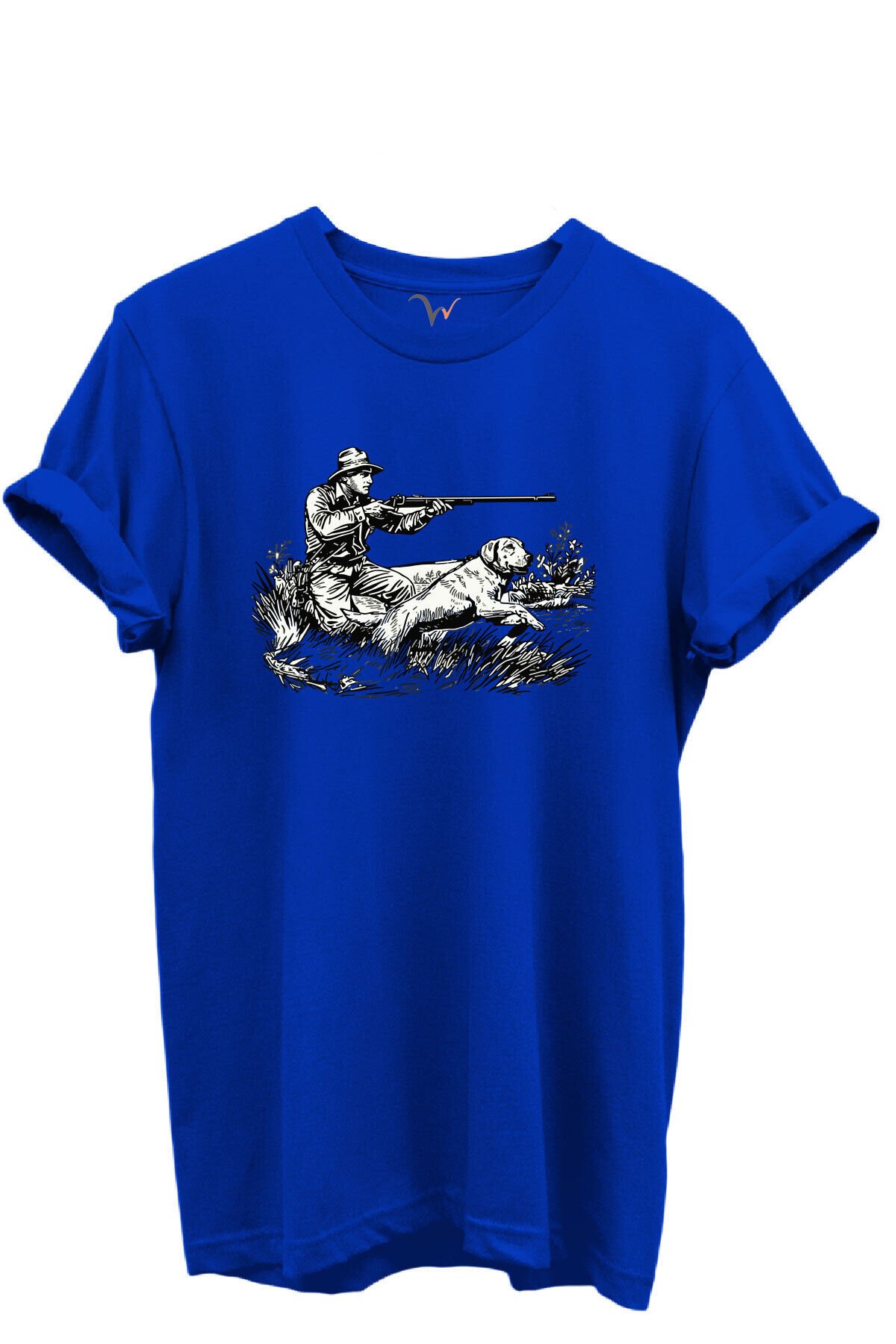 Outdoor Avcılık Avcı ve Köpek Desenli %100 Pamuk Regular Fit Bisiklet Yaka Unisex T-shirt Saks Mavi - M