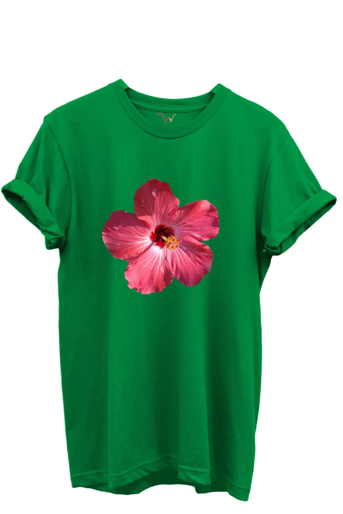 Pembe Tropik Hibiskus Çiçekli Kadın %100 Pamuk Regular Fit Bisiklet Yaka T-Shirt Yeşil - XL