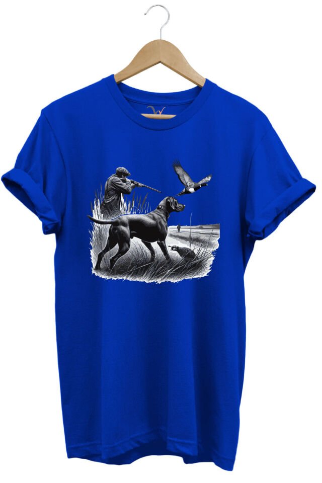 Avcılık Temalı Kuş Avı Ve Av Köpeği Baskılı %100 Pamuk Regular Fit Beyaz T-shirt Saks Mavi - 3XL