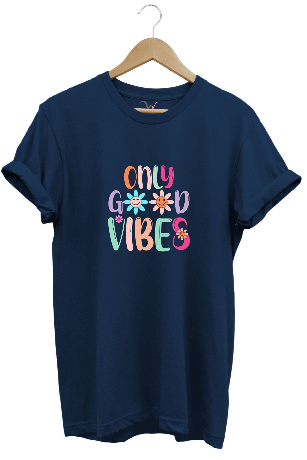 Only Good Vibes Baskılı Papatya Desenli Renkli %100 Pamuk Regular Fit Bisiklet Yaka Mavi T-shirt Lacivert - XL