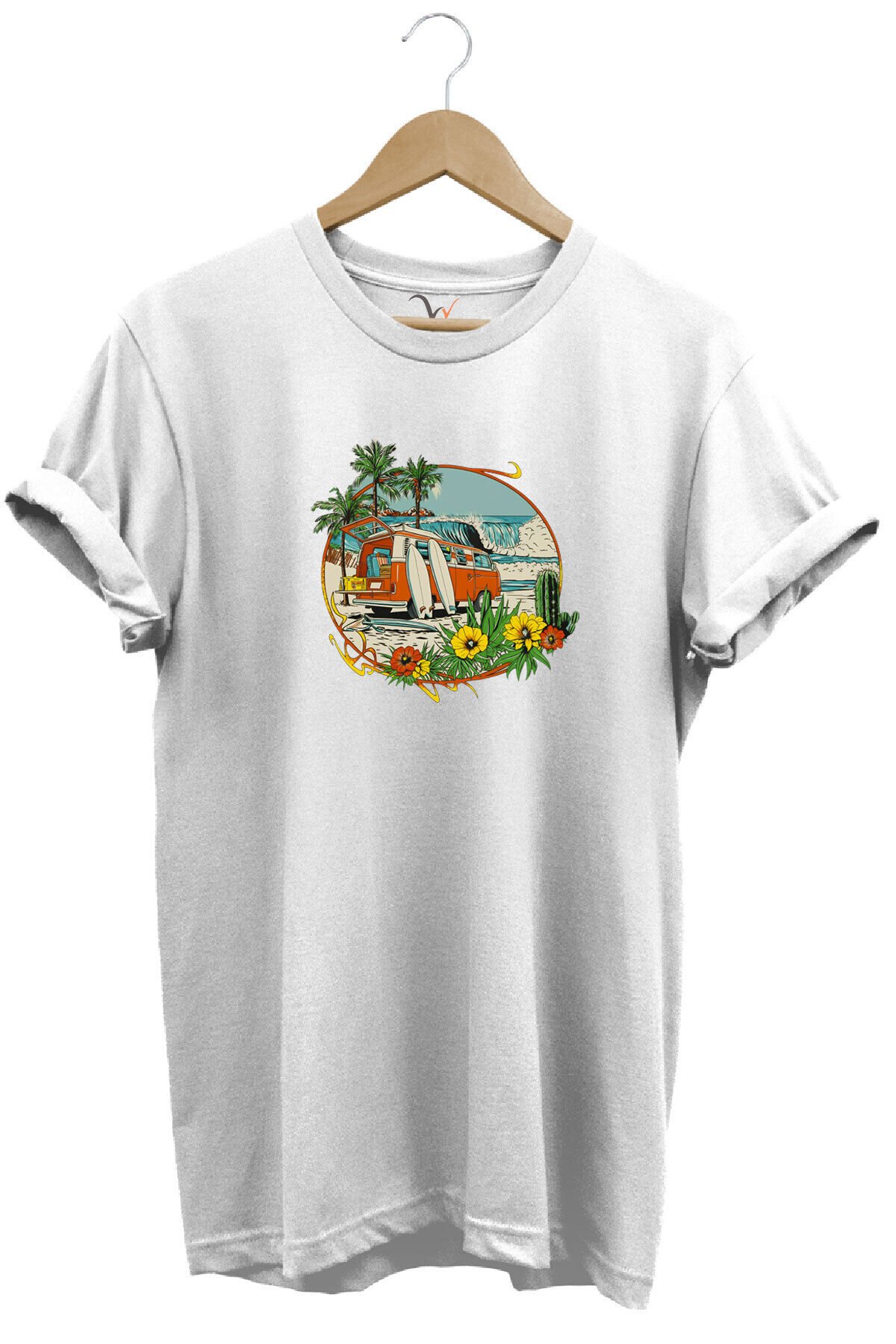 Outdoor Kamp Karavan Sörf Baskılı %100 Pamuk Basic Regular Fit Bisiklet Yaka T-shirt Beyaz - S