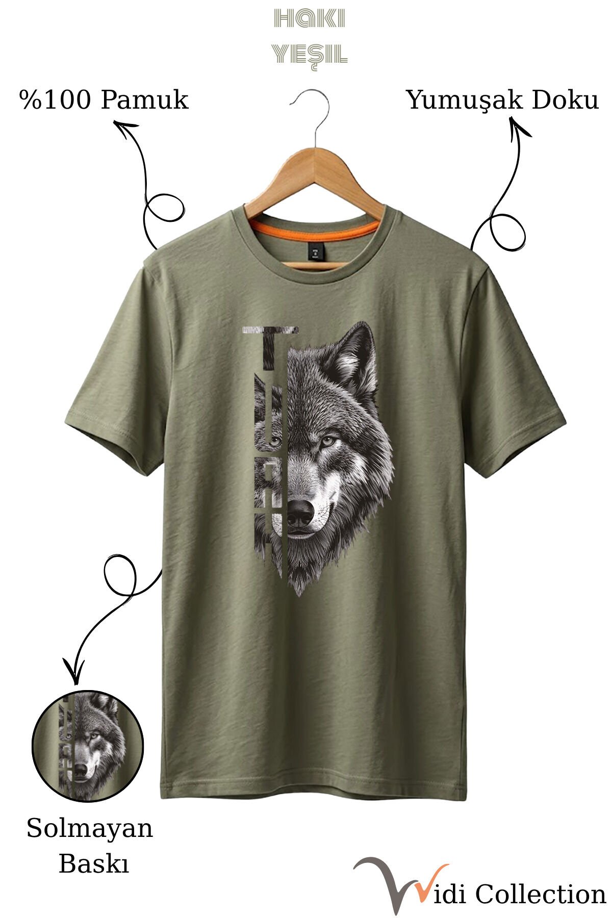 Yarı Kurt Yarısı TÜRK Yazı Tasarım Baskılı %100 Pamuk T-shirt Haki - M