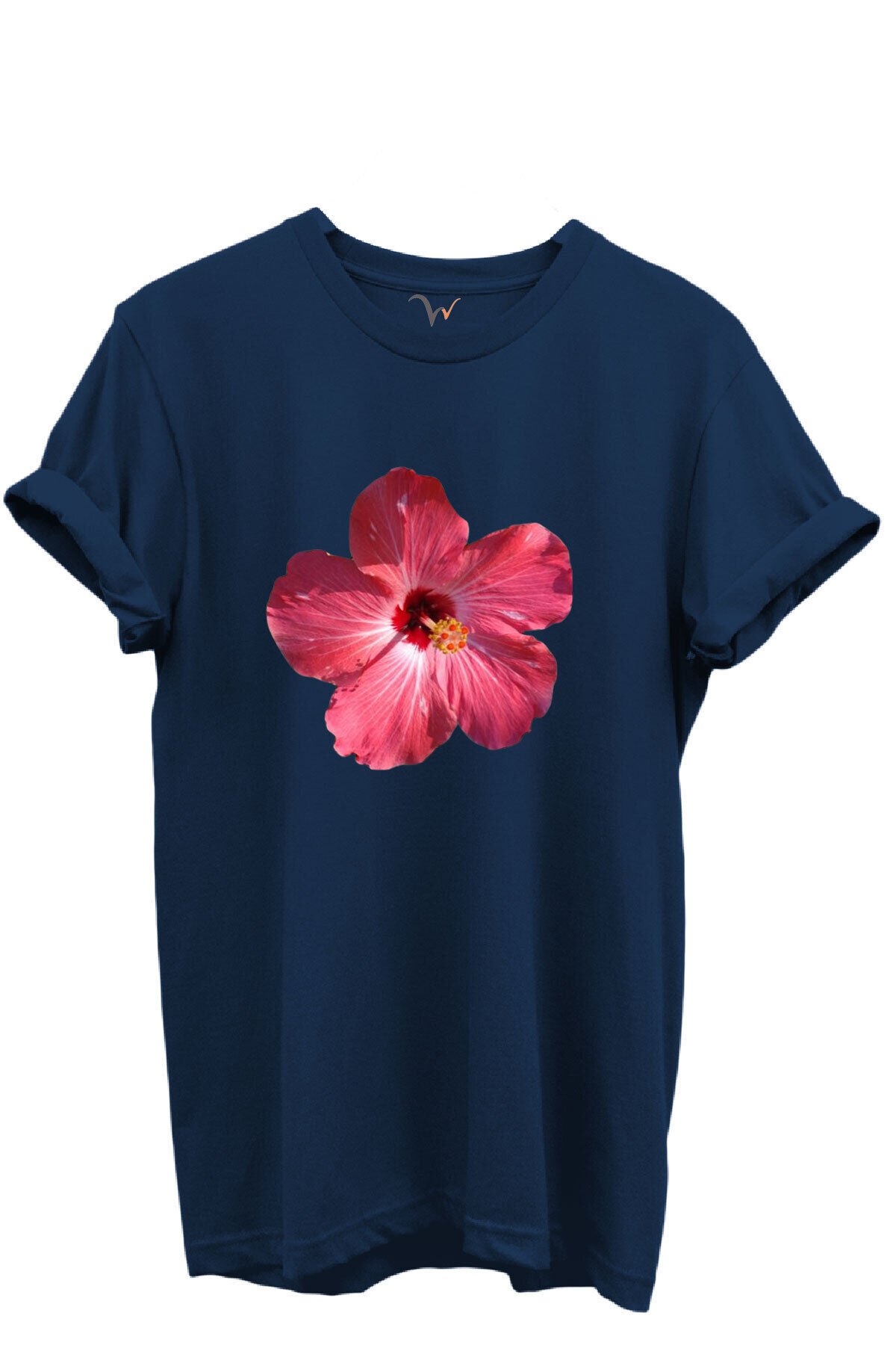 Pembe Tropik Hibiskus Çiçekli Kadın %100 Pamuk Regular Fit Bisiklet Yaka T-Shirt Lacivert - M