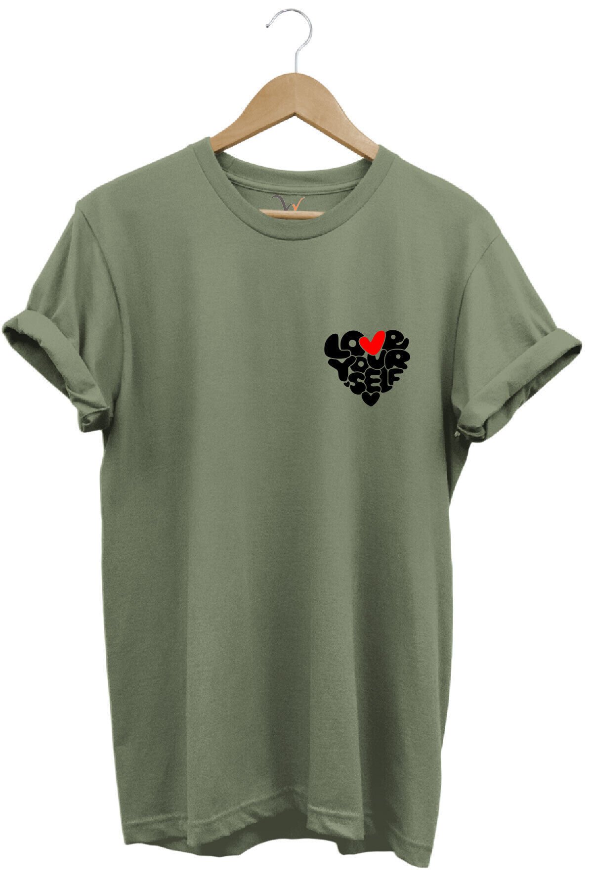Love Yourself Kalp Tipografi Baskılı %100 Pamuk Unisex Regular Fit T-Shirt Haki - M