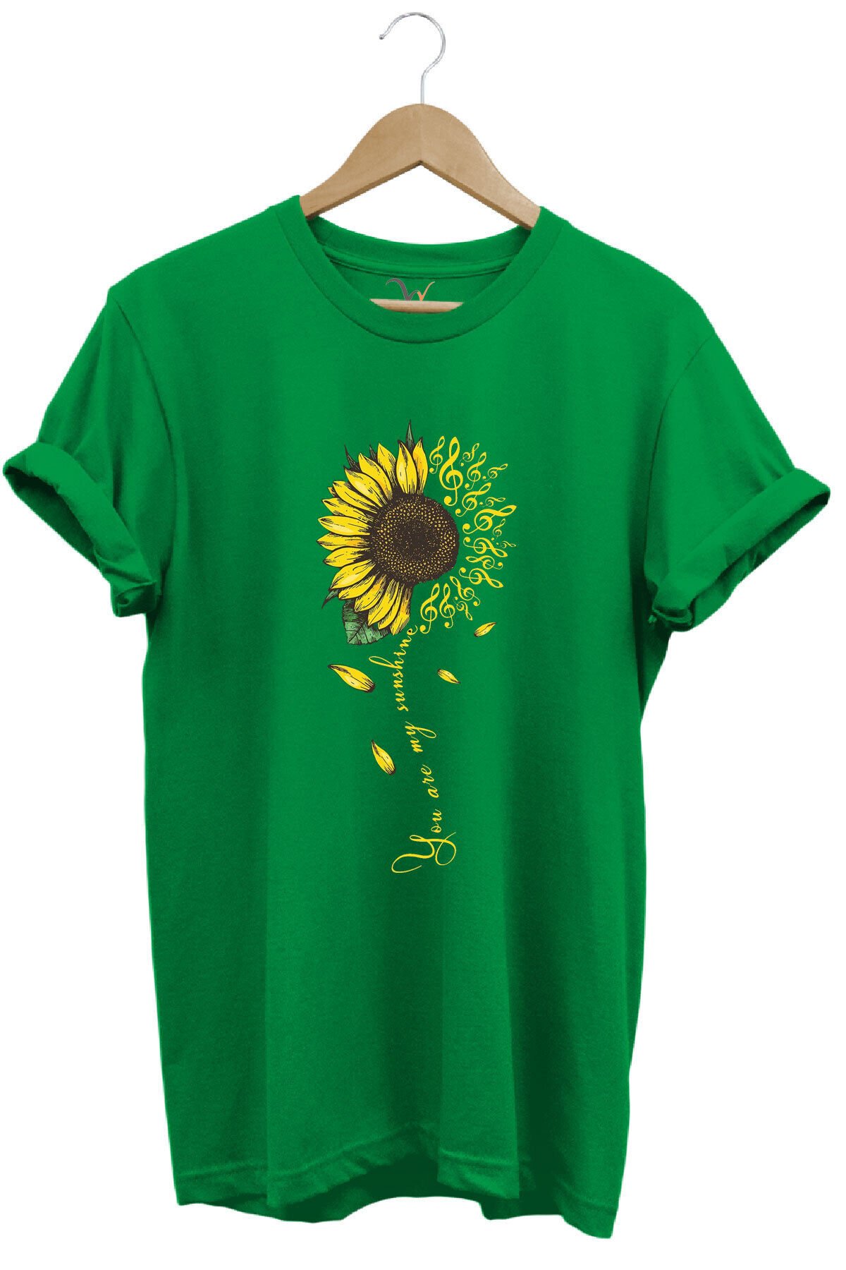 Sarı Ayçiçek Desenli You Are Sunshine Yazı Baskılı %100 Pamuk Regular Fit Unisex T-Shirt Yeşil - 3XL