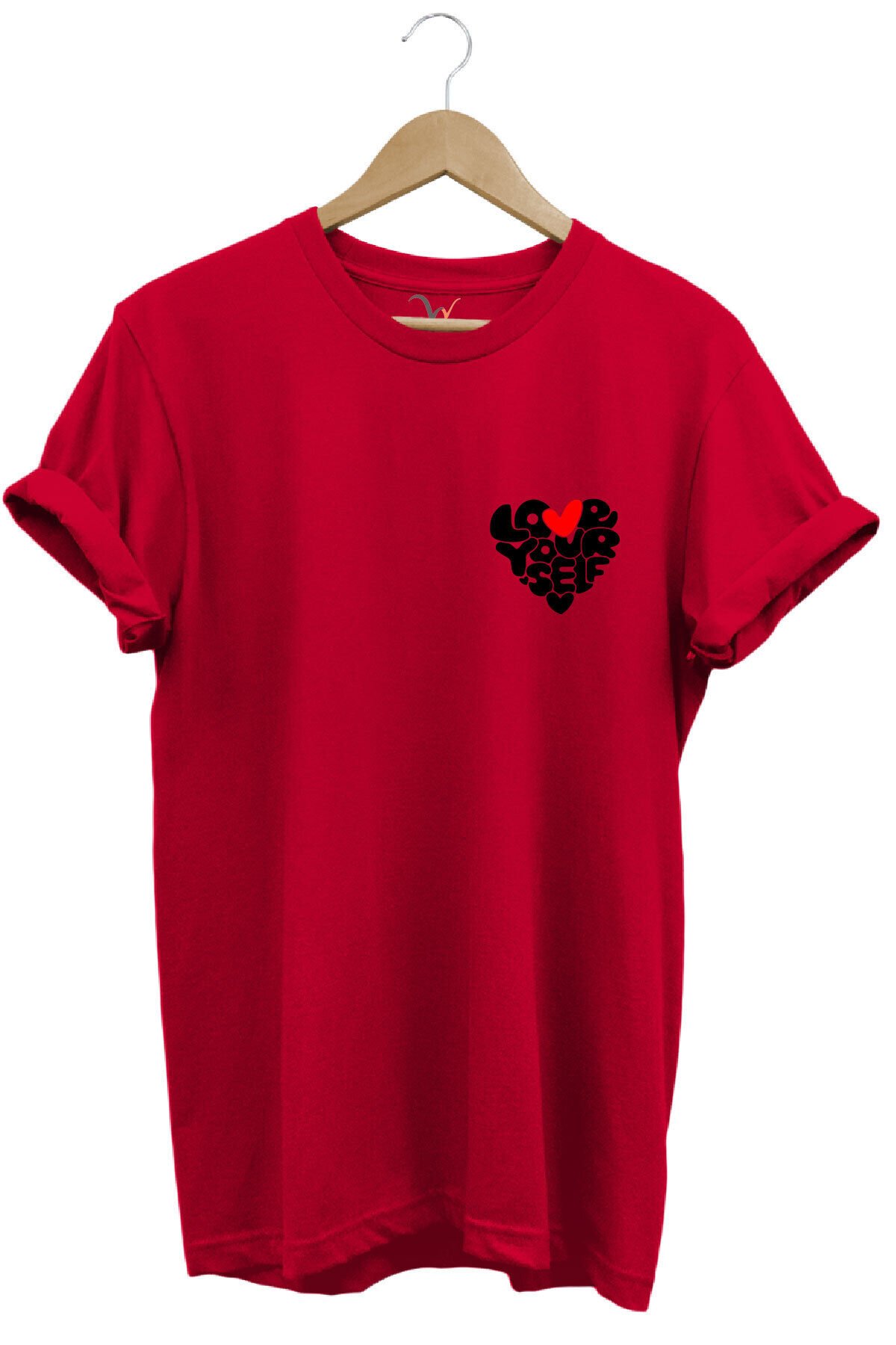 Love Yourself Kalp Tipografi Baskılı %100 Pamuk Unisex Regular Fit T-Shirt Kırmızı - XL