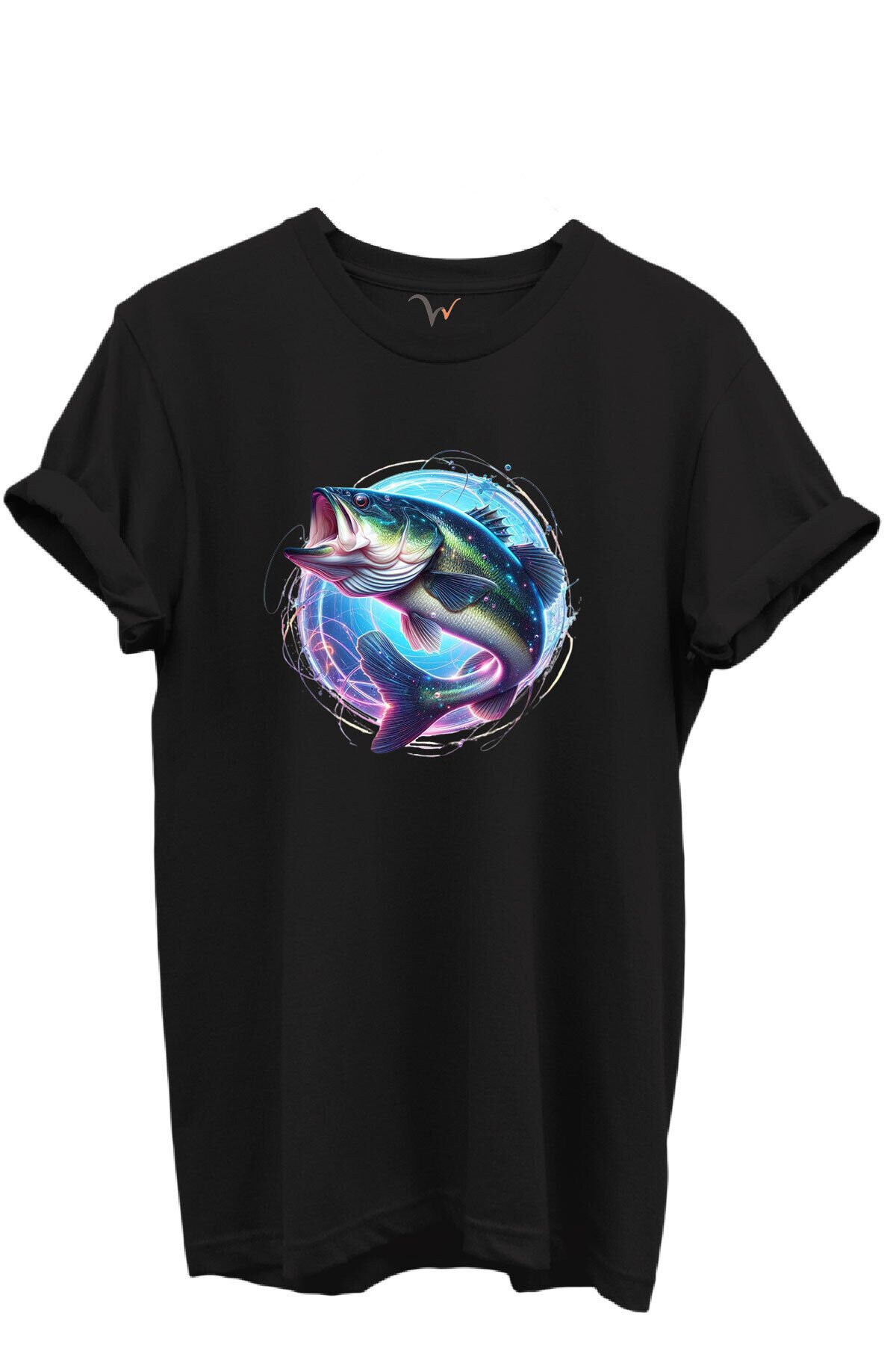 Renkli Neon Balık Desenli %100 Pamuk Regular Fit Unisex T-Shirt Siyah - 5XL