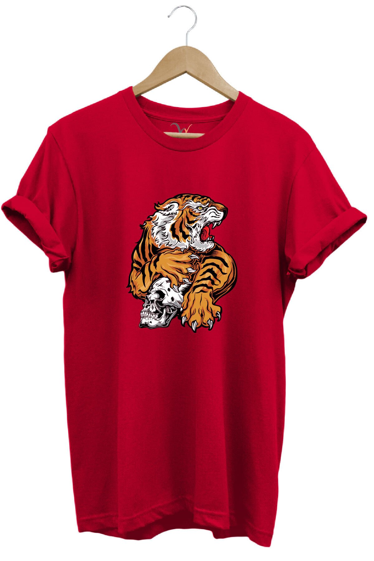 Vahşi Kaplan Tasarım Ve Kuru Kafa Baskılı %100 Pamuk Regular Fit Bisiklet Yaka Kırmızı T-shirt Kırmızı - S