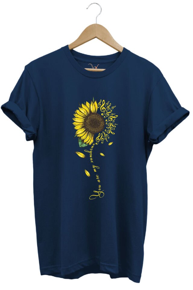 Sarı Ayçiçek Desenli You Are Sunshine Yazı Baskılı %100 Pamuk Regular Fit Unisex T-Shirt Lacivert - M