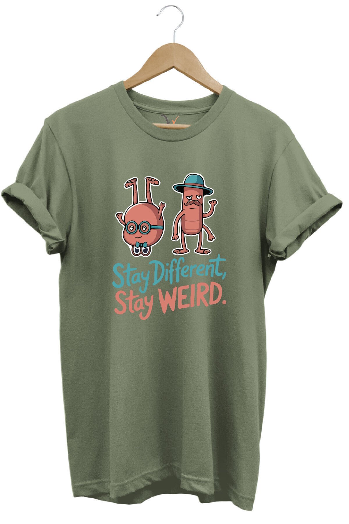 Stay Different Stay Weird Sevimli Şık Tasarım Baskılı %100 Pamuk Bisiklet Yaka Regular Fit T-Shirt Haki - XL
