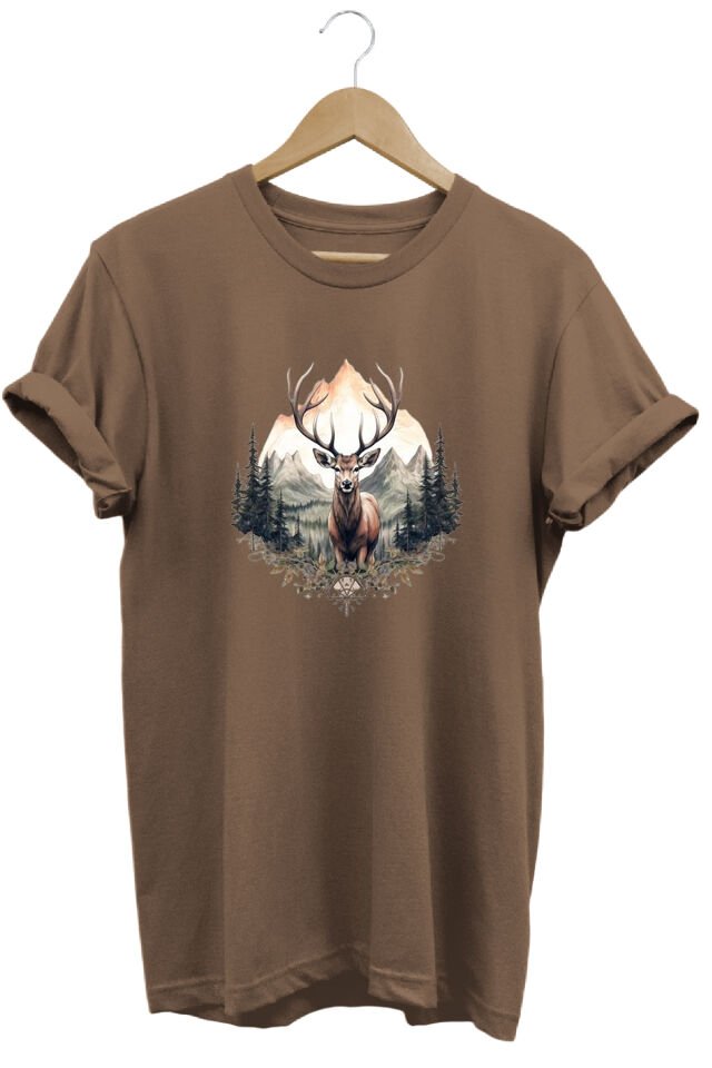 Unisex Geyik ve Dağ Manzaralı Baskılı Bisiklet Yaka Tişört T-shirt Kumul Kahve - XL