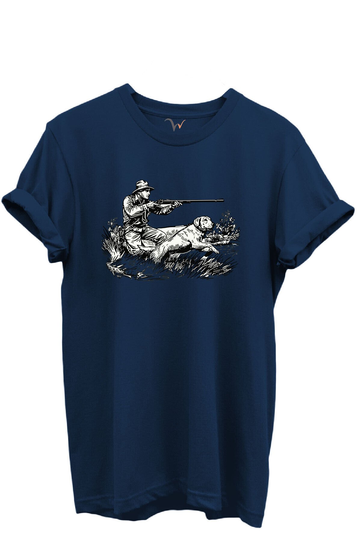 Outdoor Avcılık Avcı ve Köpek Desenli %100 Pamuk Regular Fit Bisiklet Yaka Unisex T-shirt Lacivert - 2XL