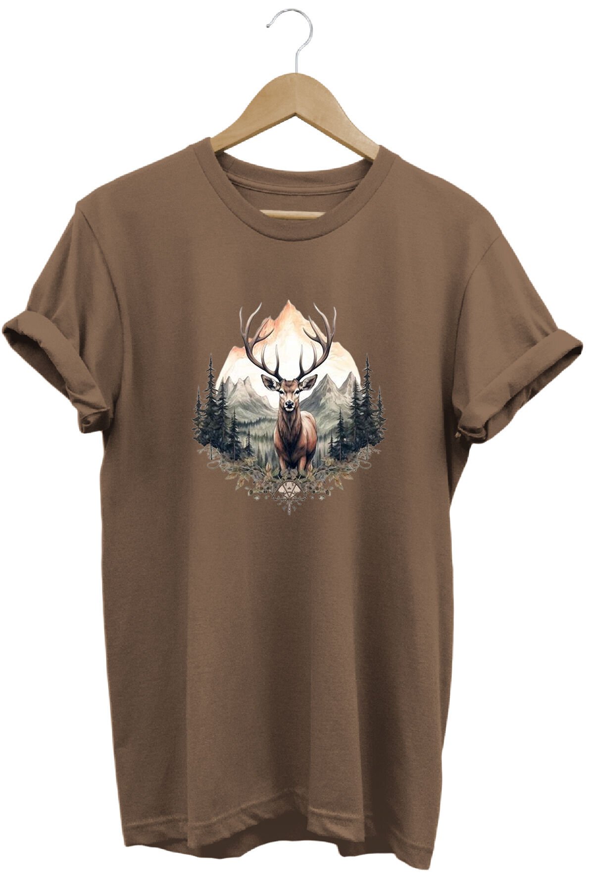 Unisex Geyik ve Dağ Manzaralı Baskılı Bisiklet Yaka Tişört T-shirt Kumul Kahve - 3XL