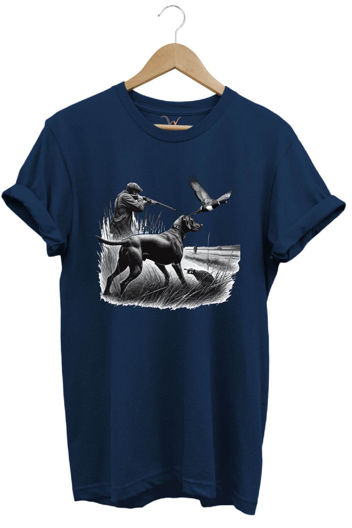 Avcılık Temalı Kuş Avı Ve Av Köpeği Baskılı %100 Pamuk Regular Fit Beyaz T-shirt Lacivert - L