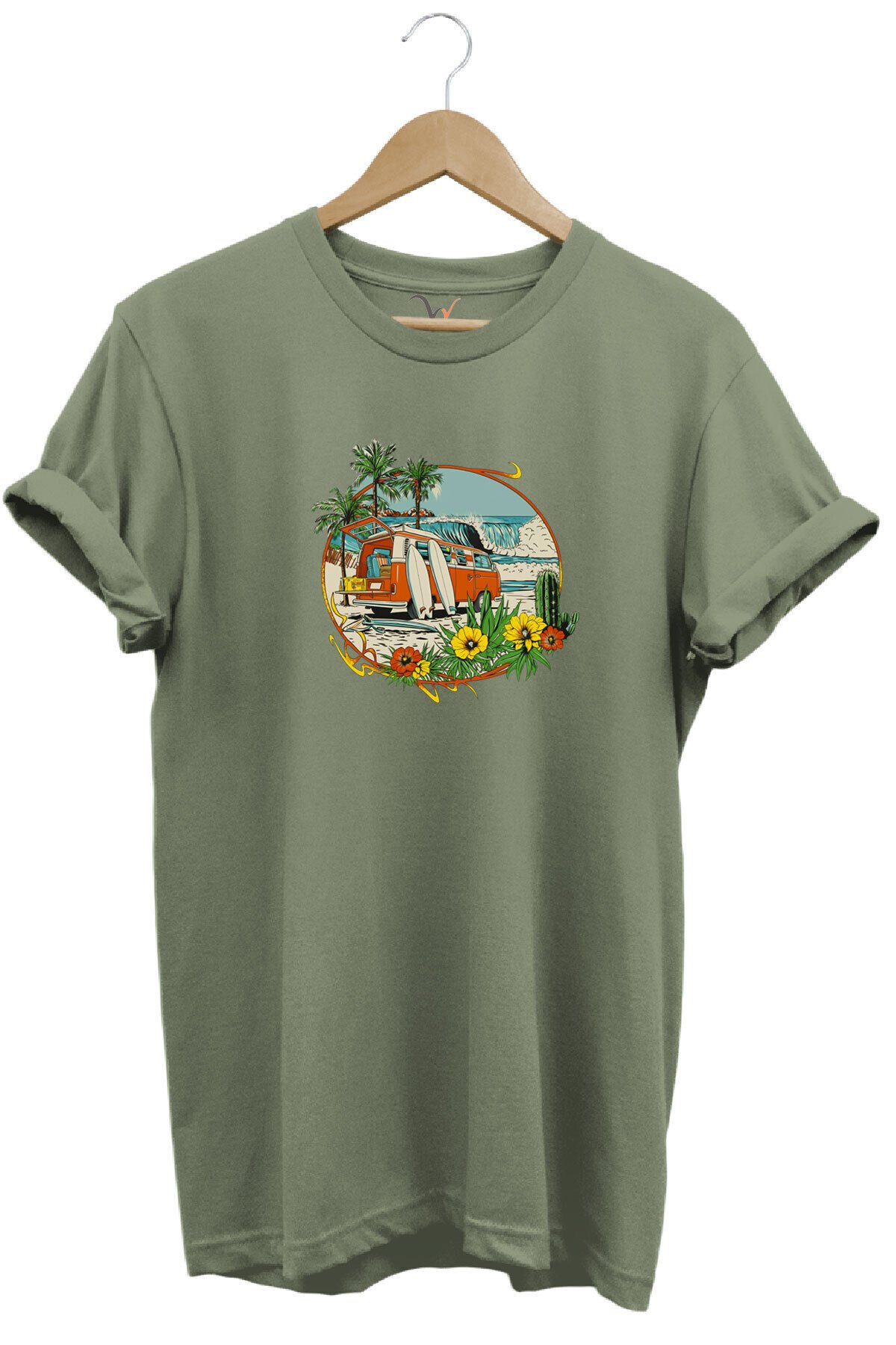 Outdoor Kamp Karavan Sörf Baskılı %100 Pamuk Basic Regular Fit Bisiklet Yaka T-shirt Haki - L