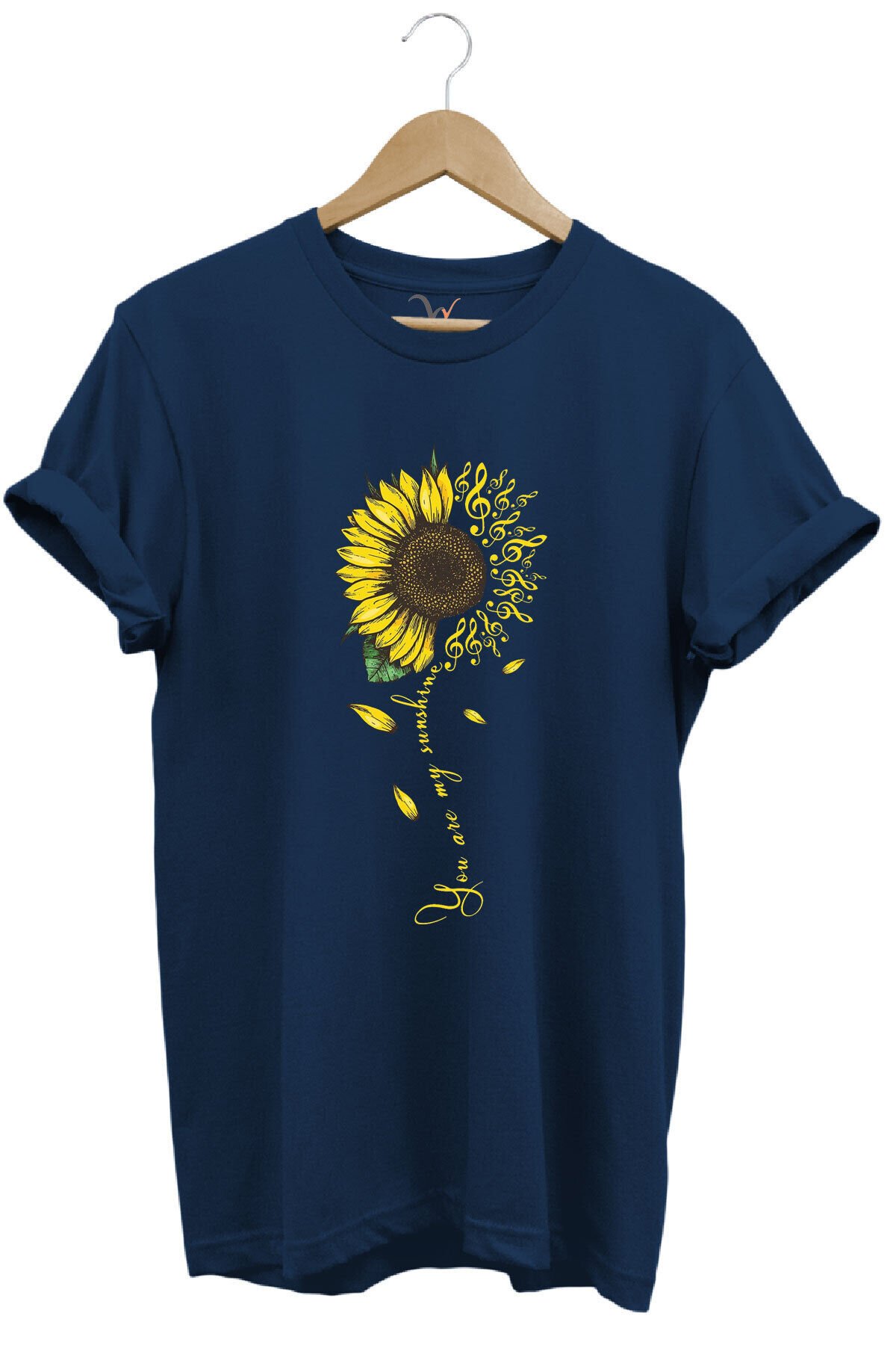 Sarı Ayçiçek Desenli You Are Sunshine Yazı Baskılı %100 Pamuk Regular Fit Unisex T-Shirt Lacivert - S
