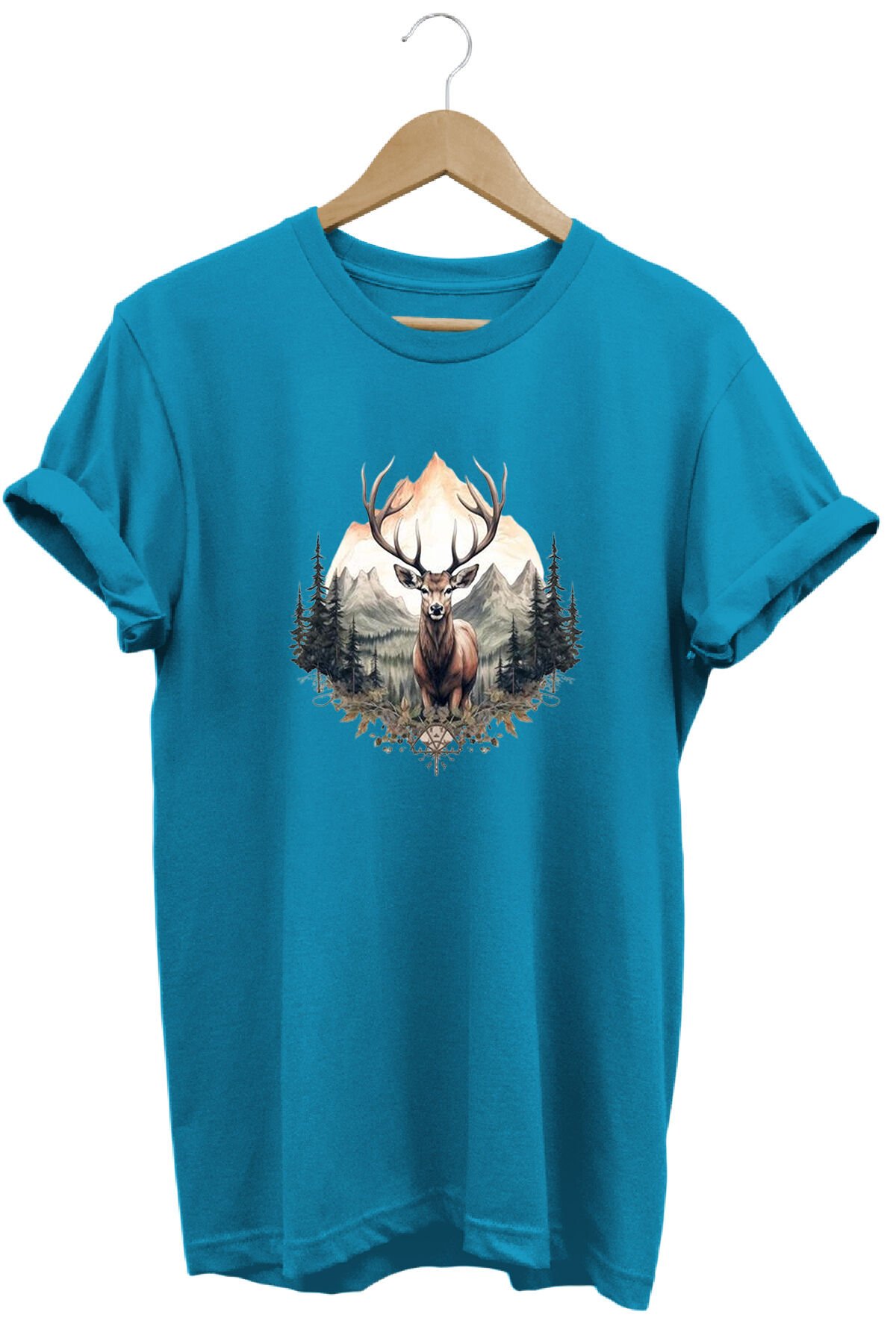 Unisex Geyik ve Dağ Manzaralı Baskılı Bisiklet Yaka Tişört T-shirt Turkuaz - L